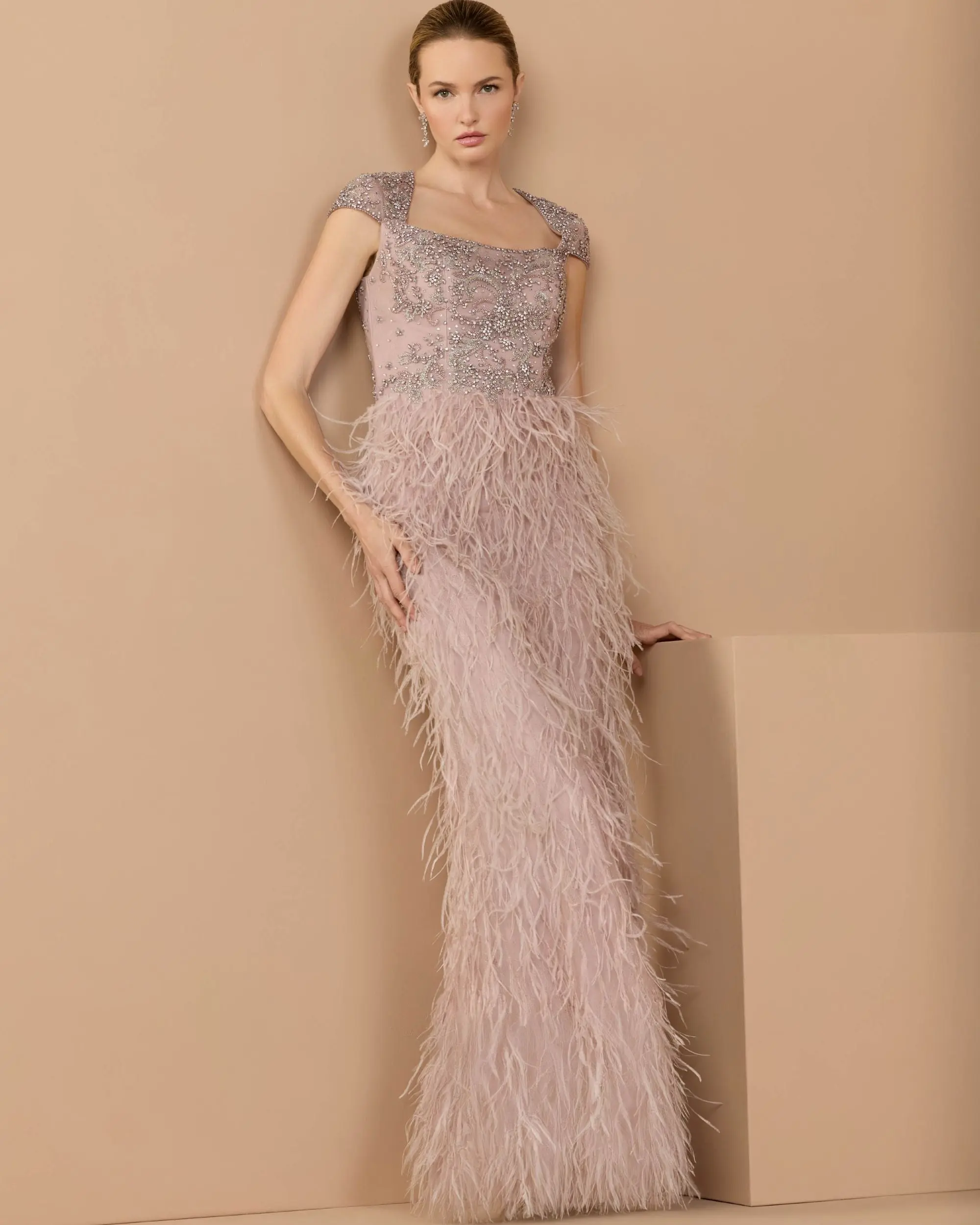 Pink Embellished Cap Sleeve Feather Gown - Special Events Unlimited