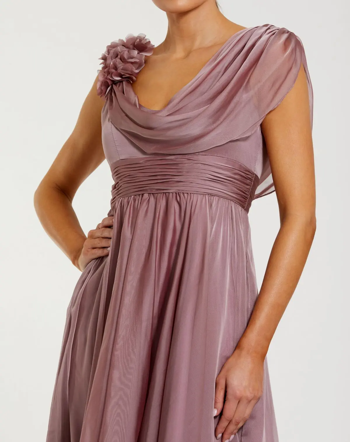 Pink Chiffon Cowl Neck Dress With 3D Flowers - Special Events Unlimited