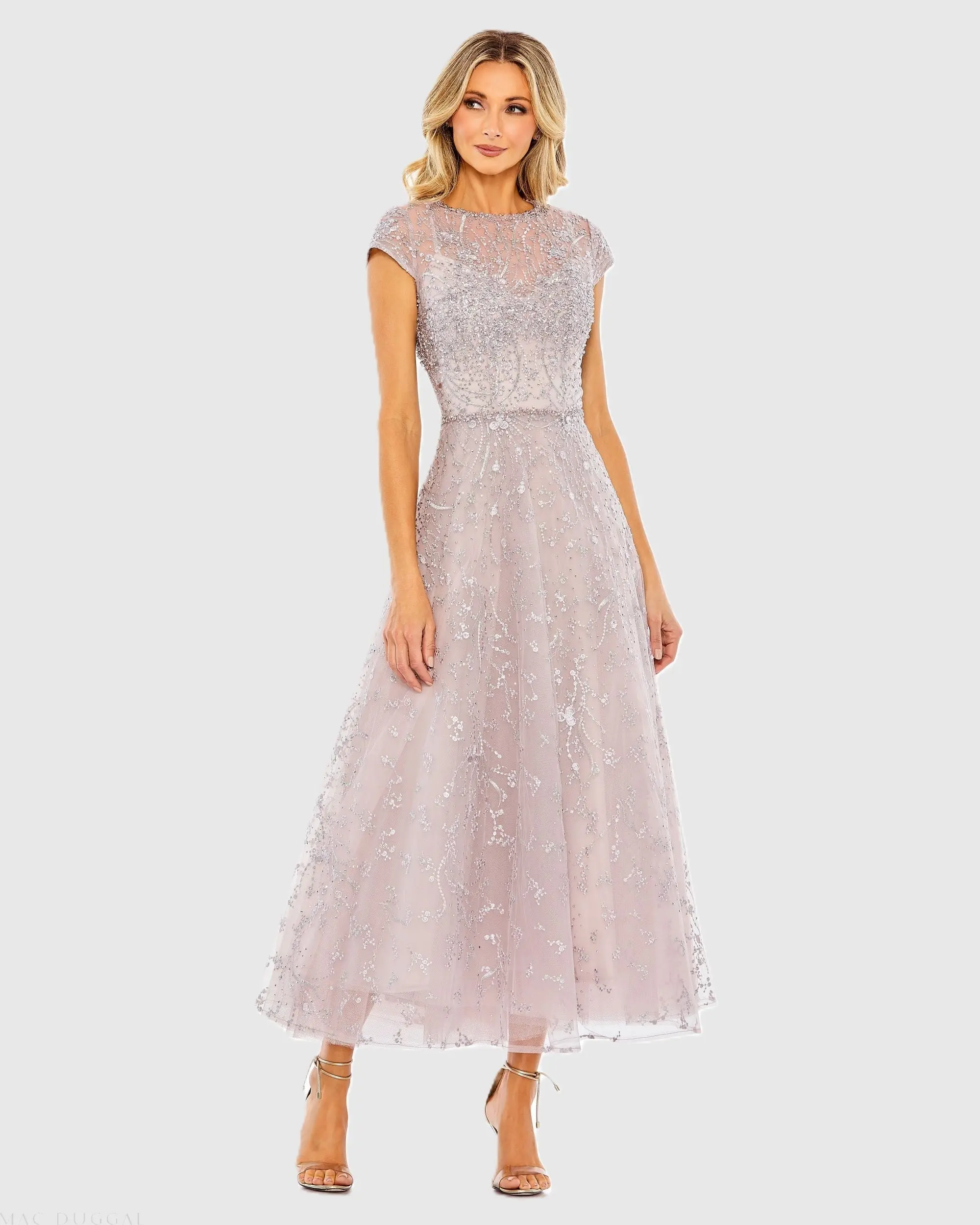 Purple Embellished High Neck Cap Sleeve A Line Dress - Special Events Unlimited