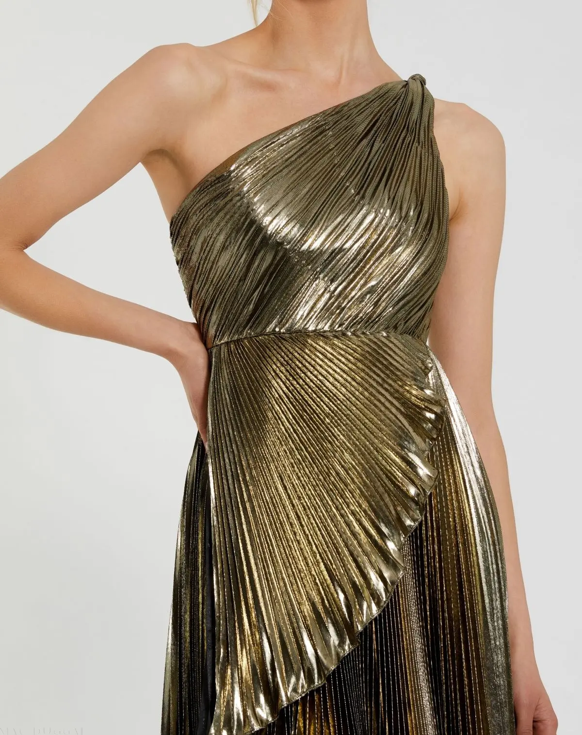 Gold Metallic Pleated One Shoulder Gown - Special Events Unlimited