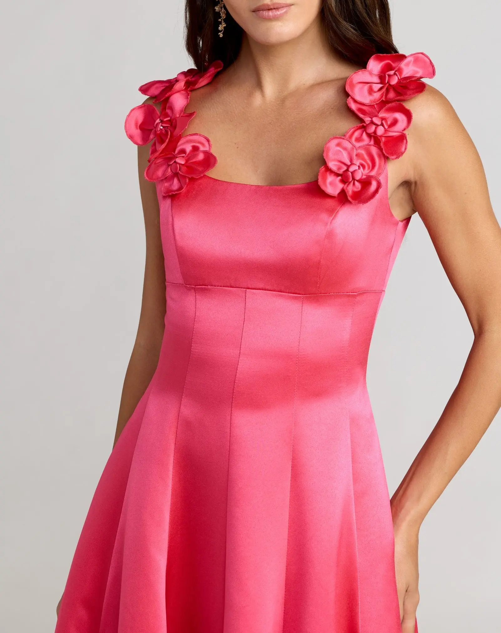 Pink Sleeveless Satin Ball Gown With 3D Flower Straps - Special Events Unlimited