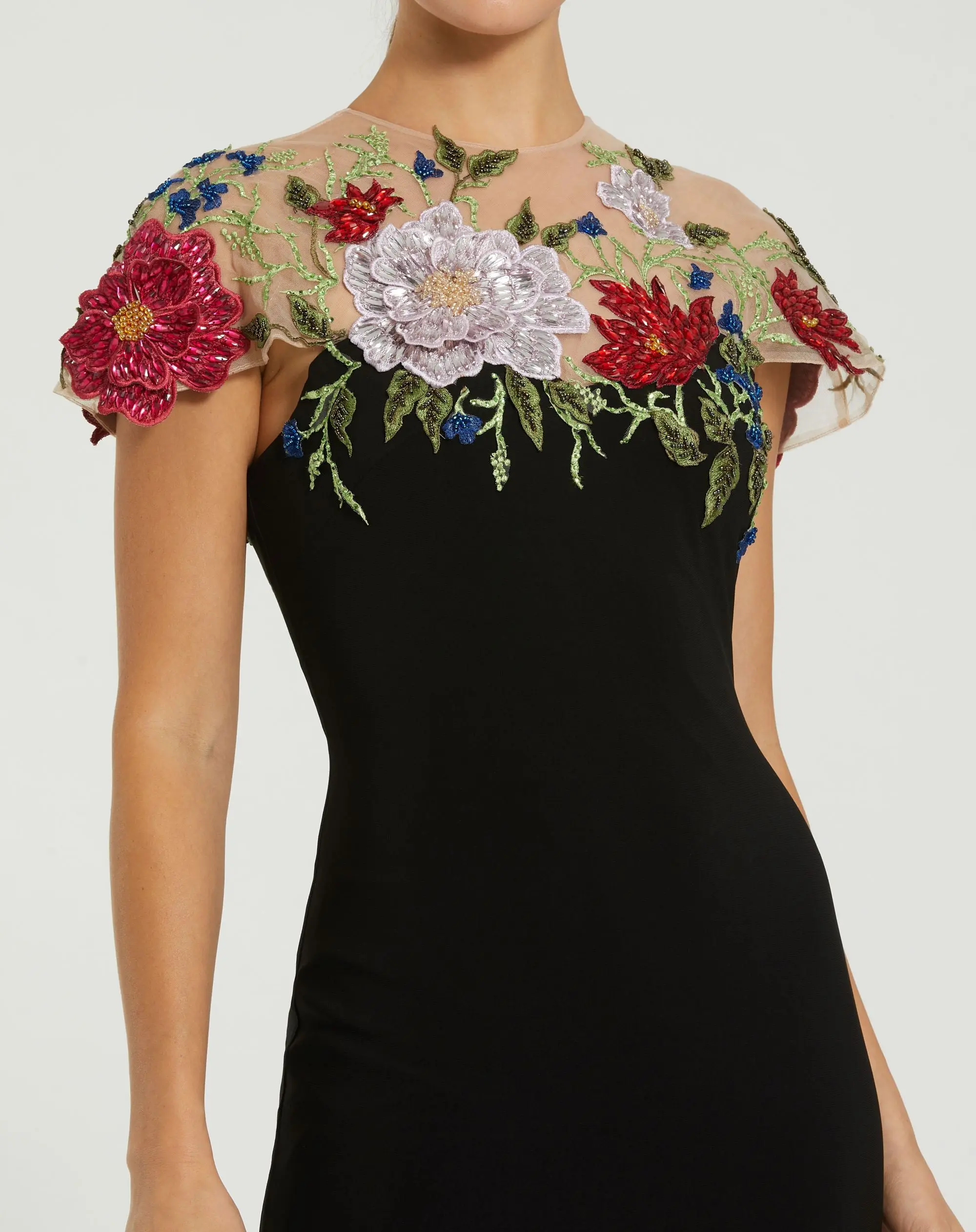 Black Floral Embellished Jersey Column Gown - Special Events Unlimited