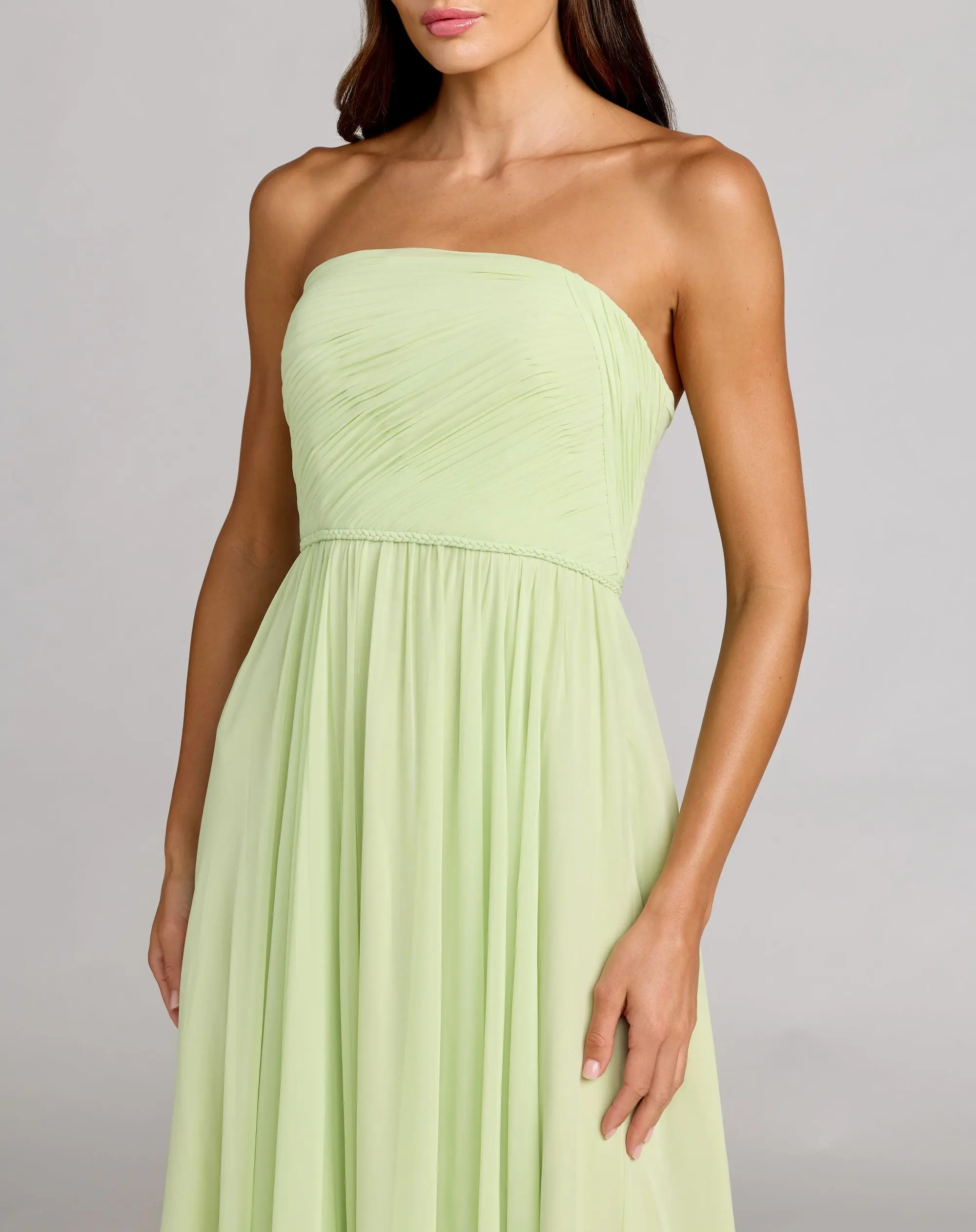 Green Strapless Chiffon Gown With Braided Belt - Special Events Unlimited