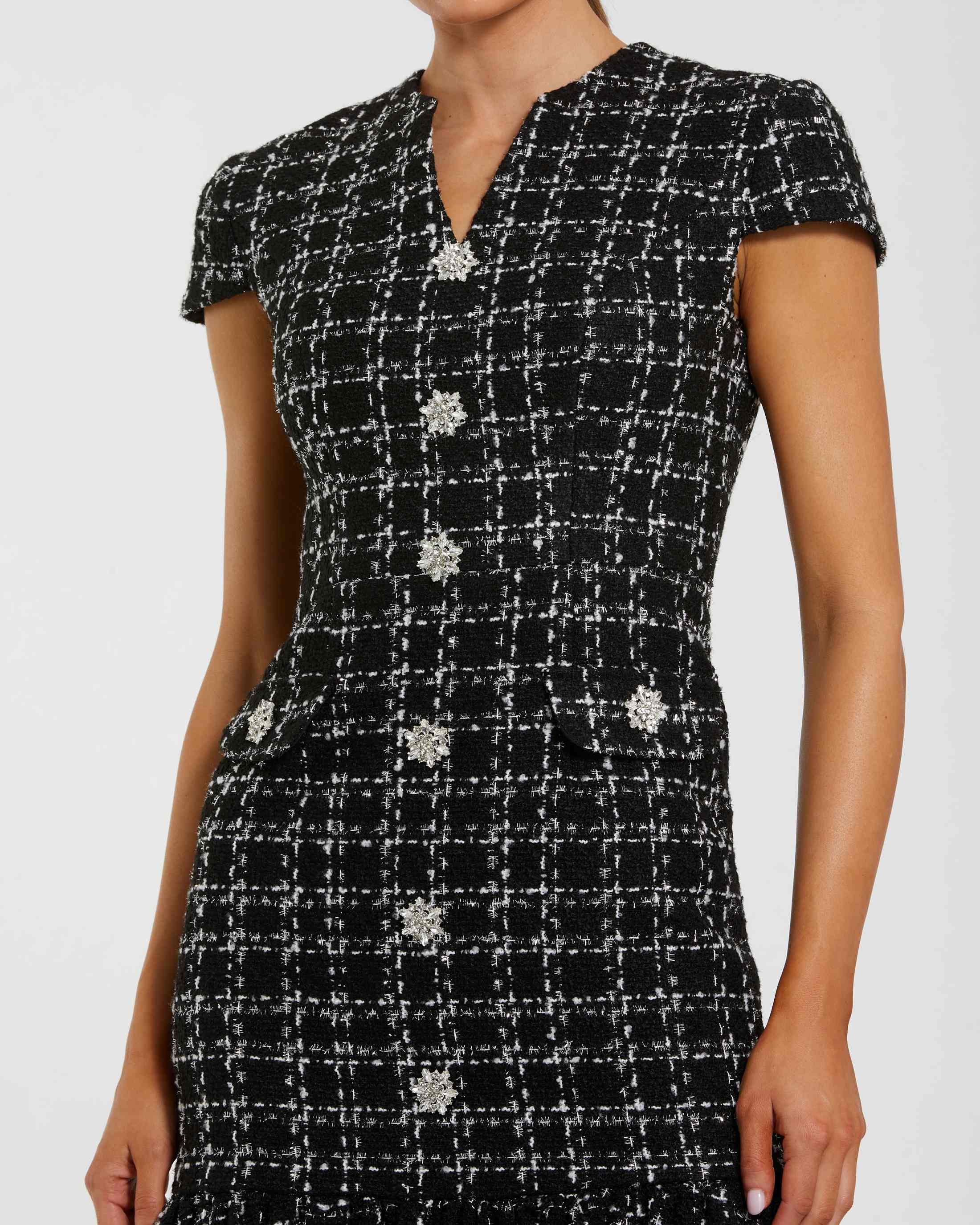Black Cap Sleeve Boucle A Line Midi Dress - Special Events Unlimited
