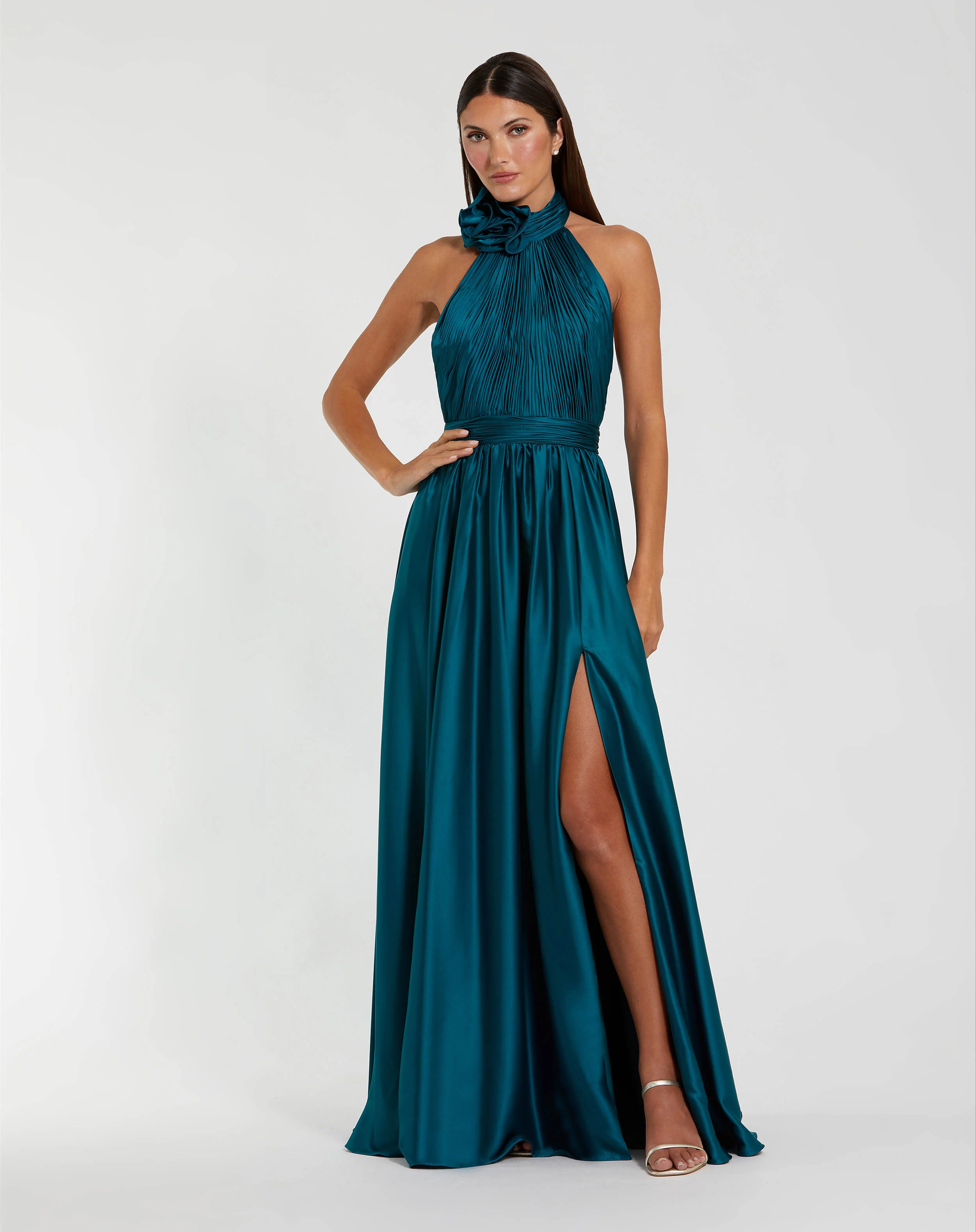 Teal Halter Neck Open Back Satin Gown With Slit - Special Events Unlimited