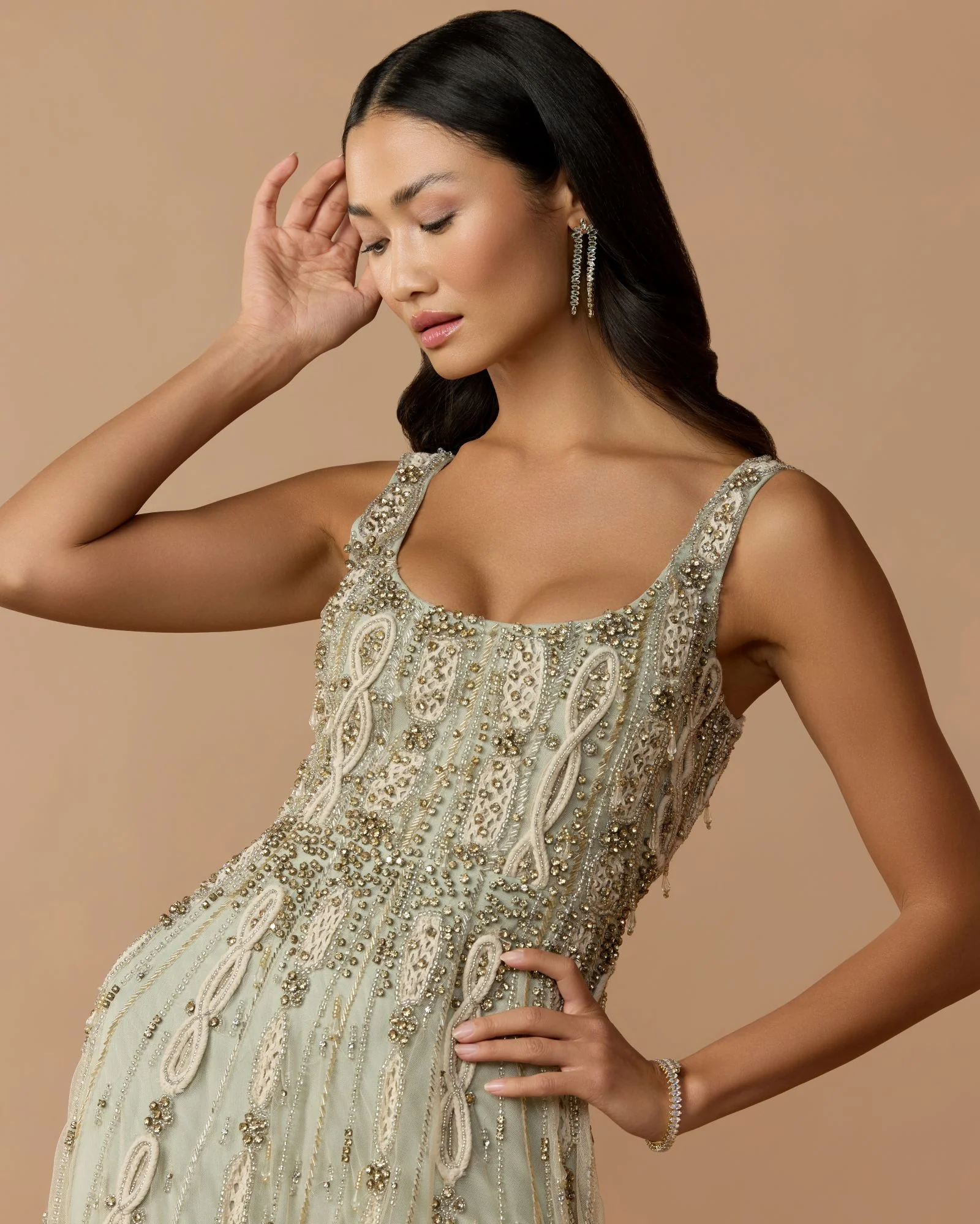 Petite Green Sleeveless Scoop Neck Embellished Midi Dress - Special Events Unlimited