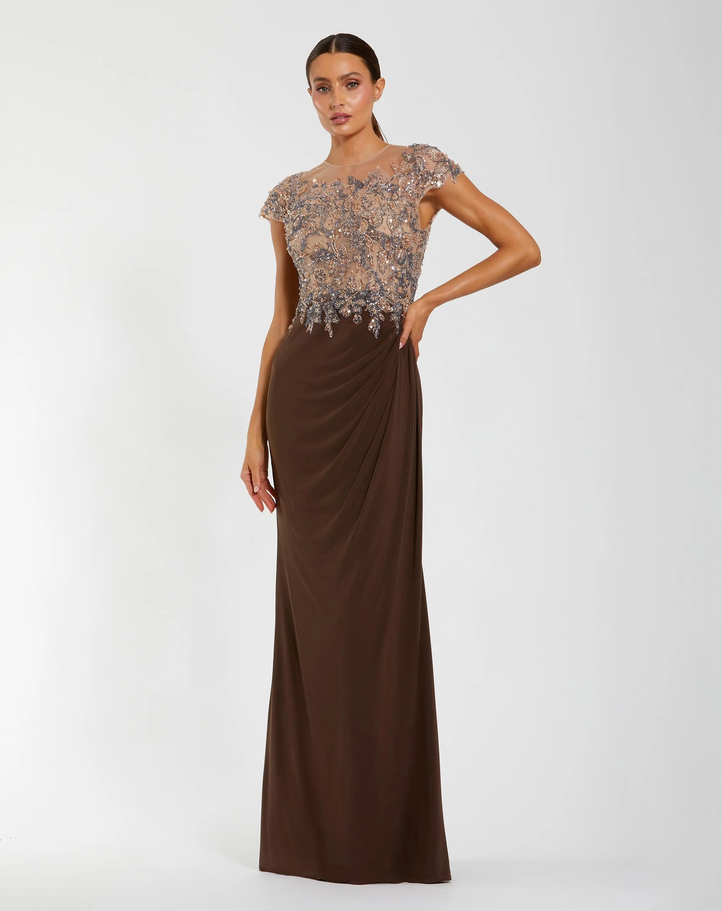 Brown Crystal Applique Embellished Jersey Gown - Special Events Unlimited