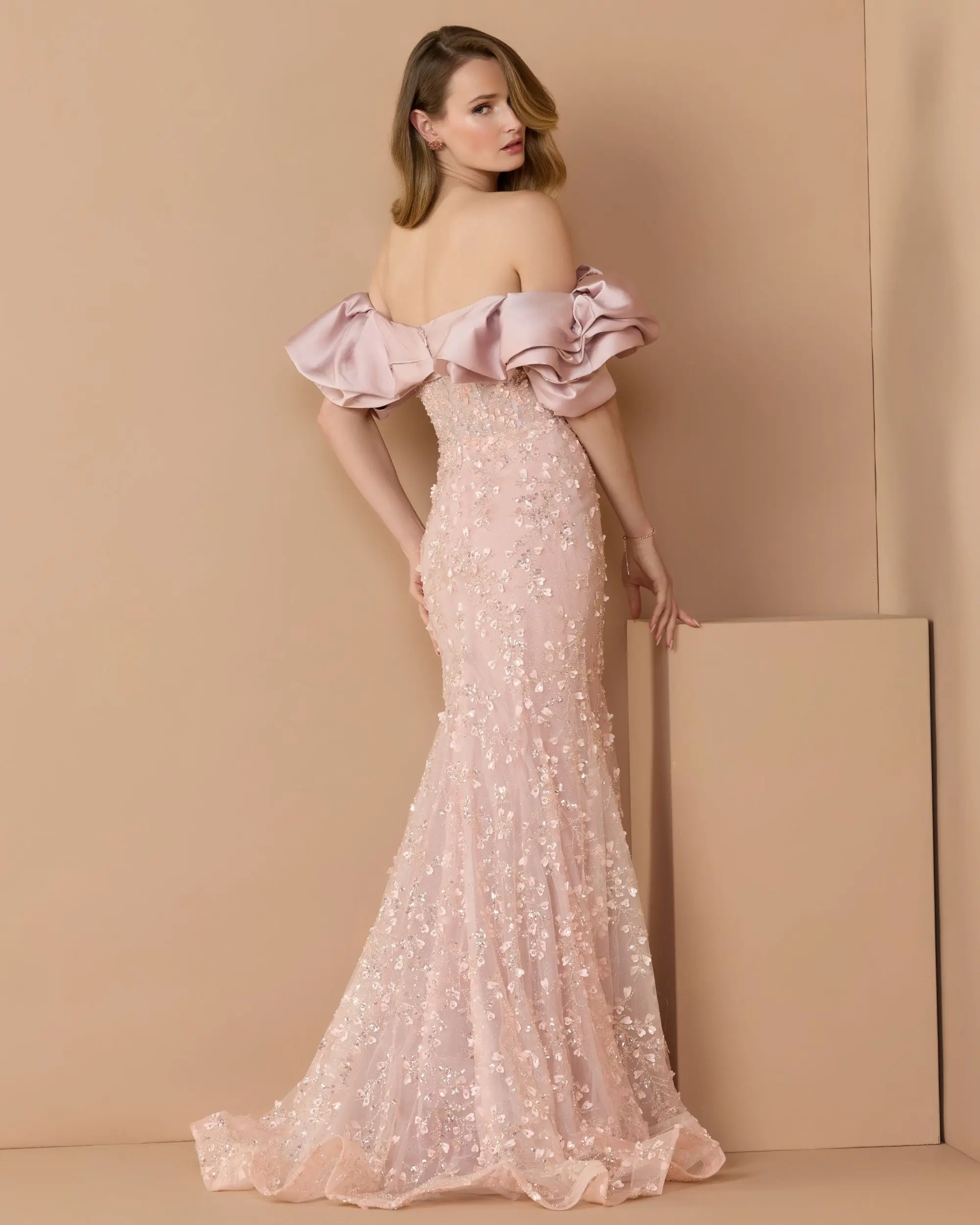 Pink Embellished Mermaid Gown With Off The Shoulder Ruffle - Special Events Unlimited