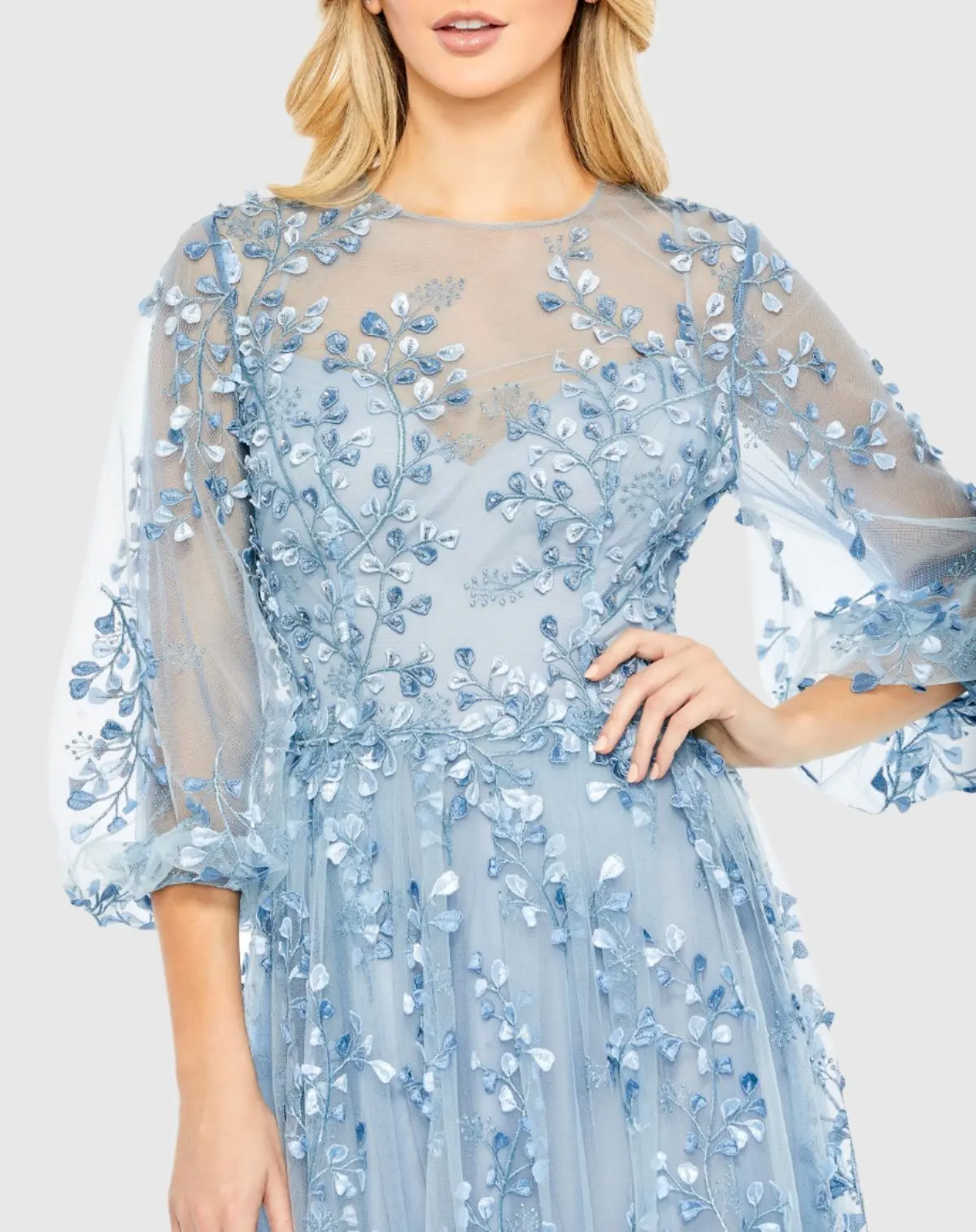Blue Embroidered Puff Sleeve A-Line Gown - Special Events Unlimited