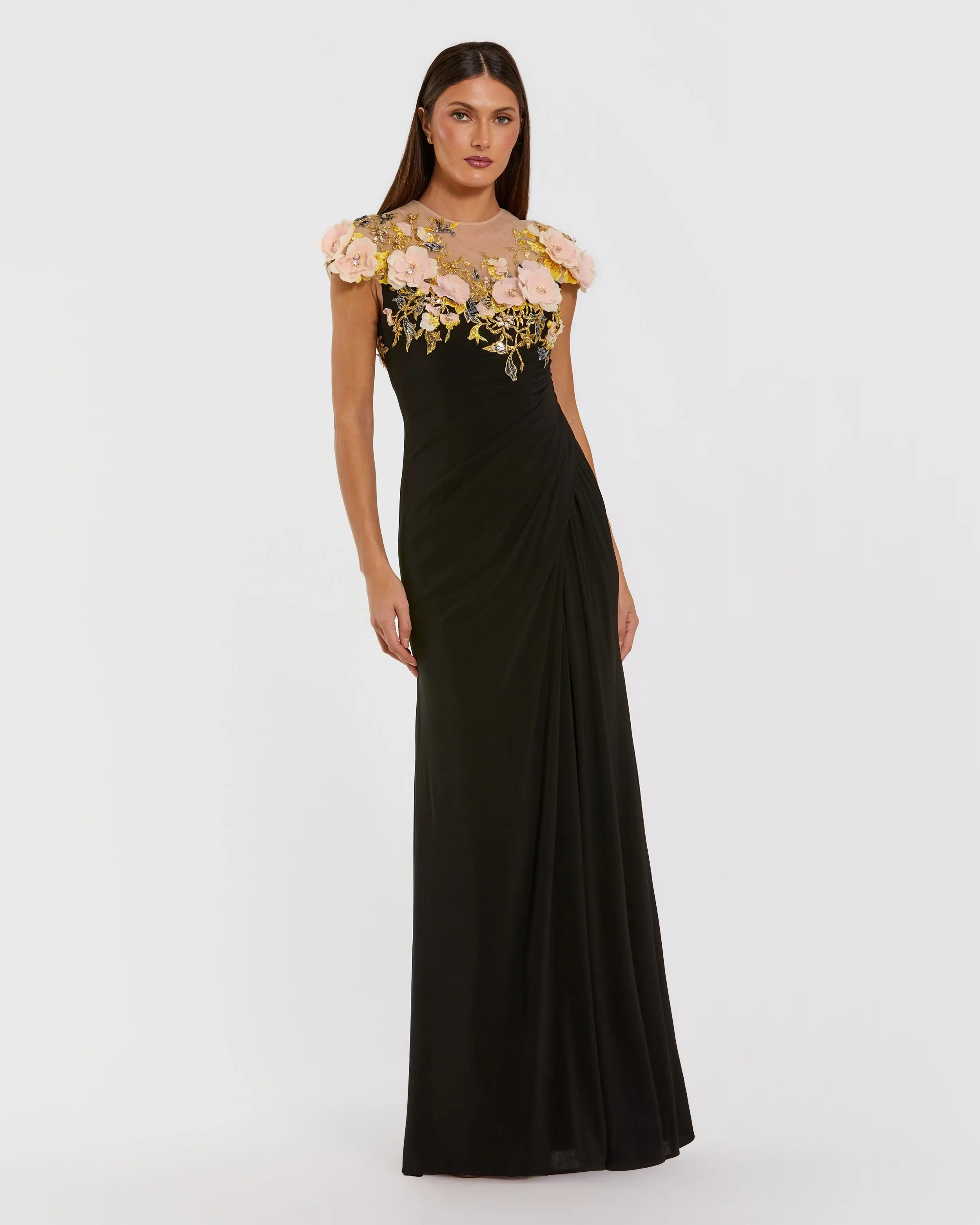 Black Jersey Column Gown With 3D Flower Embellishments - Special Events Unlimited