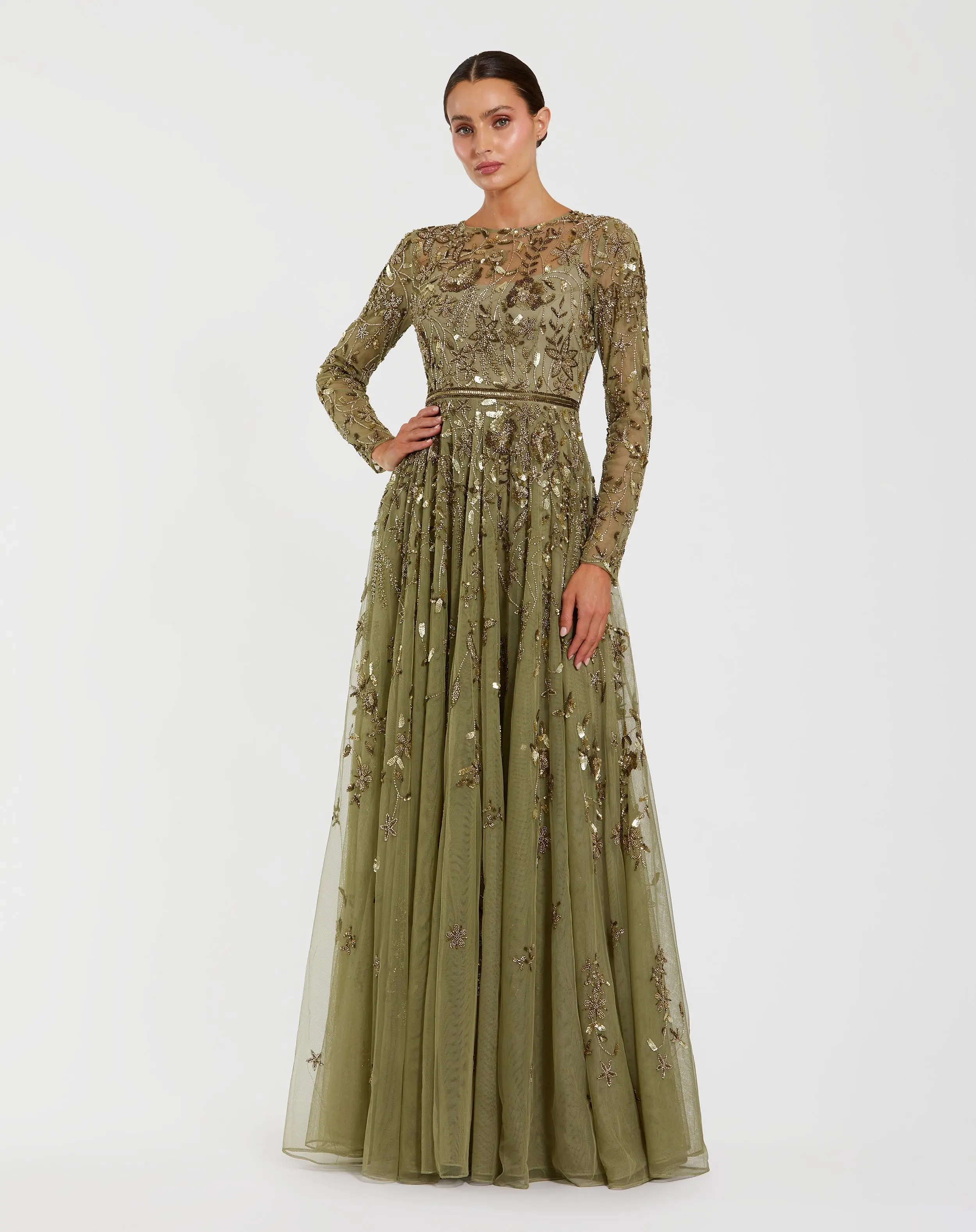 Green Long Sleeve Hand Embellished Floral A-line Gown - Special Events Unlimited
