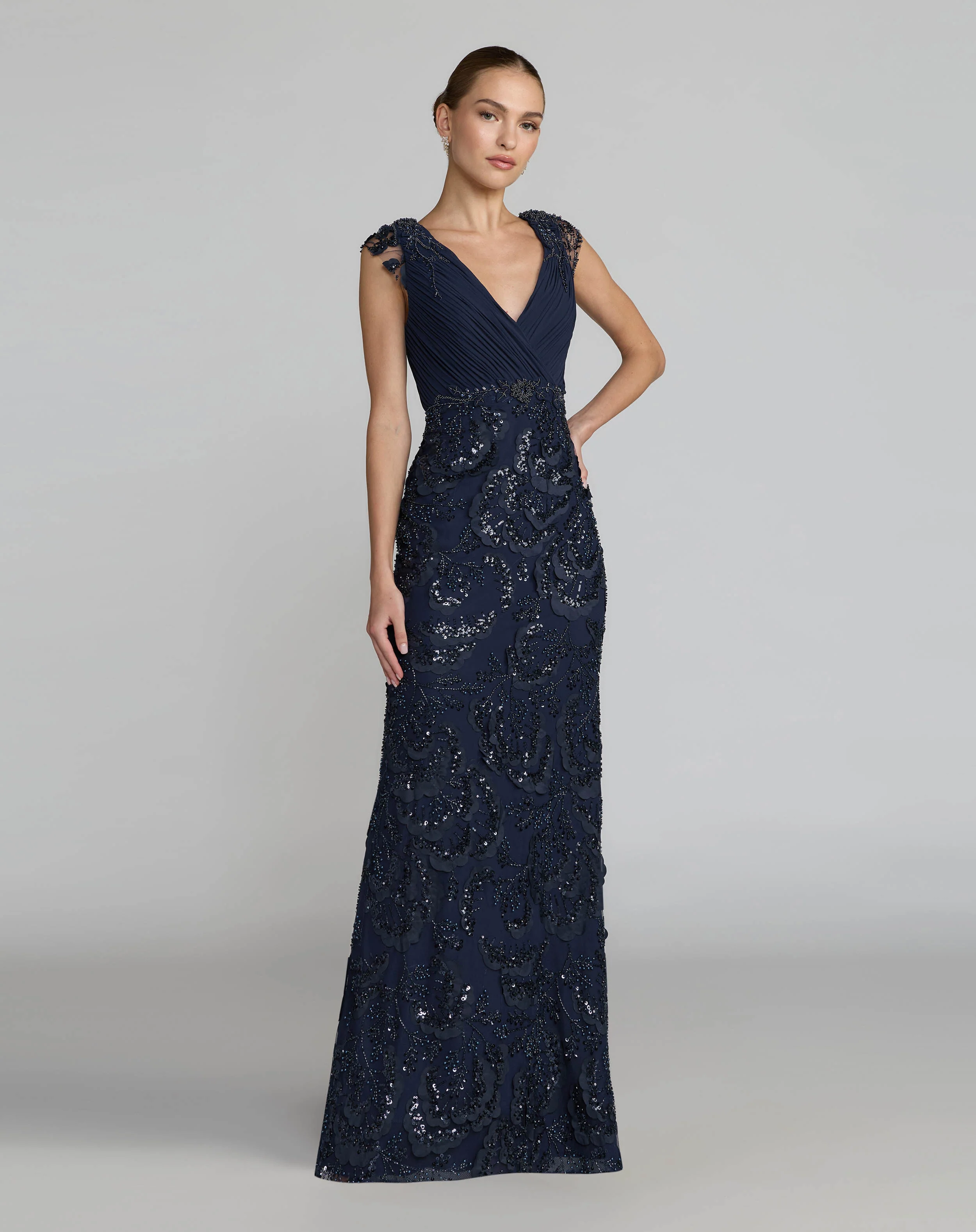 Navy Floral Beaded Chiffon V-Neck Evening Gown - Special Events Unlimited
