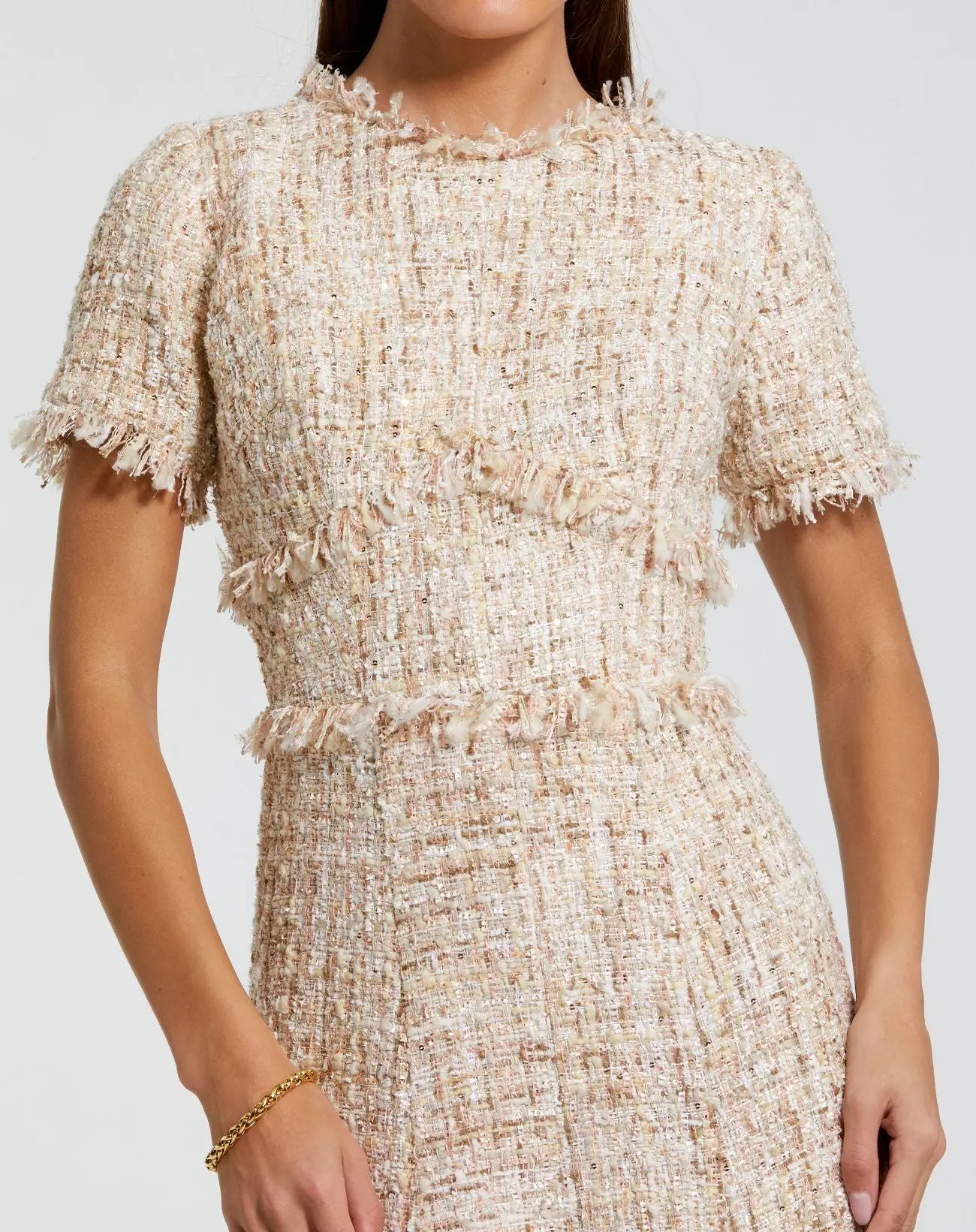 Petite Beige Boucle Short Sleeve A Line Midi Dress - Special Events Unlimited