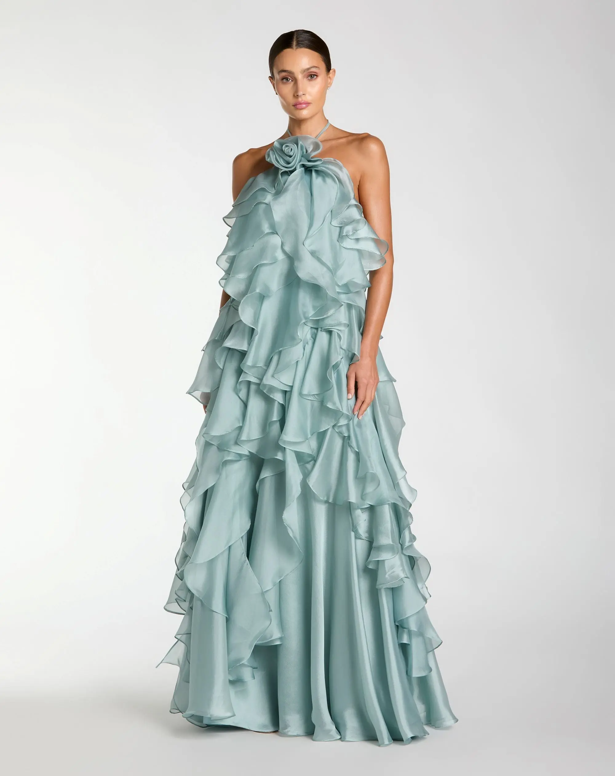 Blue Halter Neck Open Back Trapeze Ruffle Gown - Special Events Unlimited