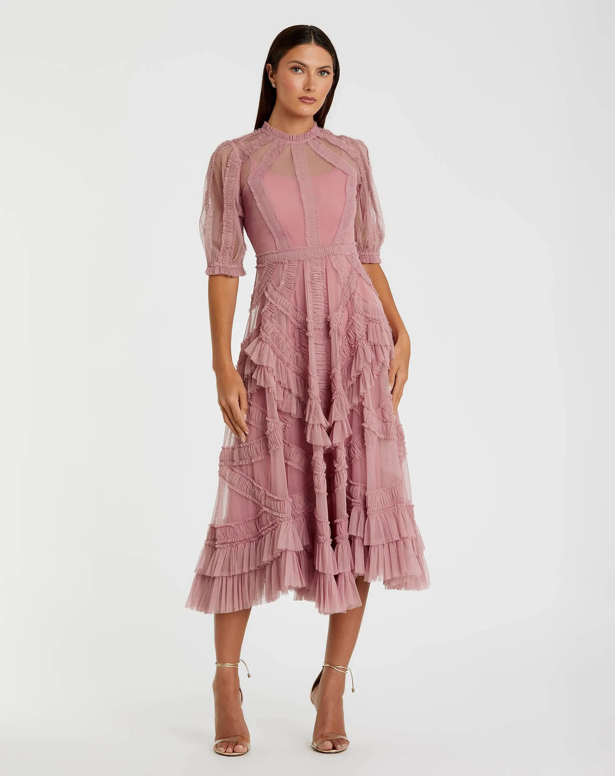 Petite Pink High Neck Ruffle Tiered A-Line Midi Dress - Special Events Unlimited