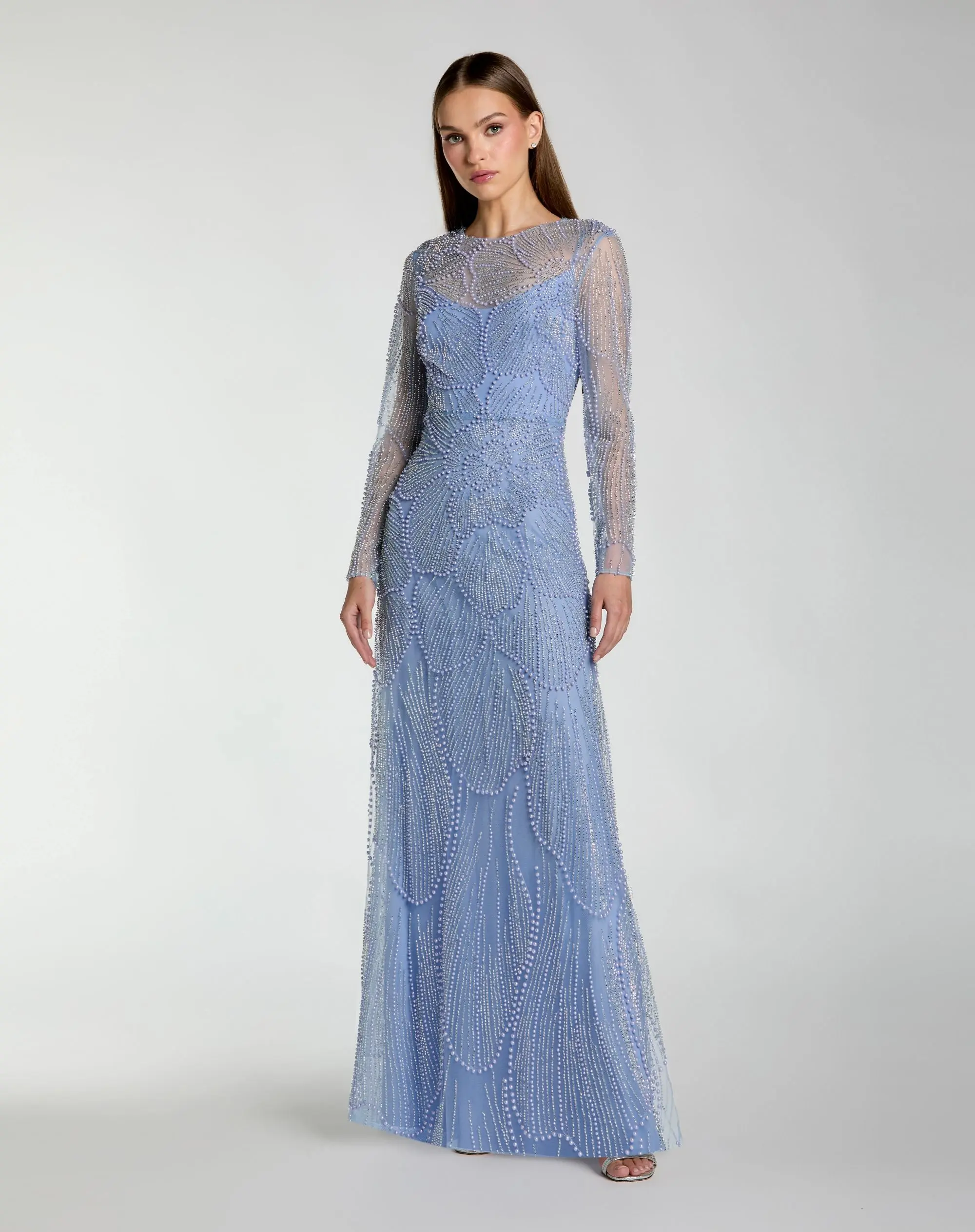 Blue Beaded High Neck Long Sleeve A Line Gown - Special Events Unlimited