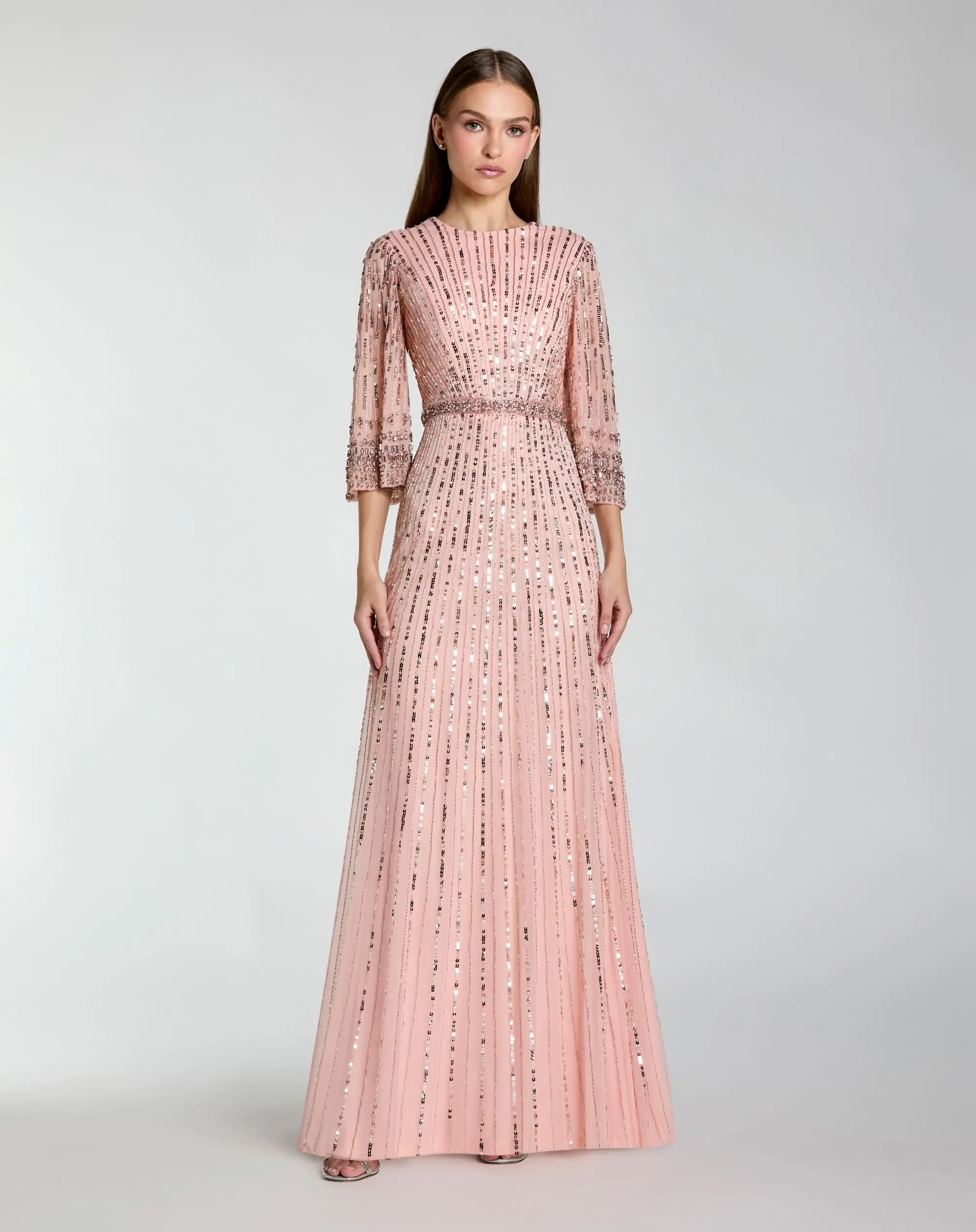 Pink High Neck Embellished Gown With 3/4 Sleeves - Special Events Unlimited