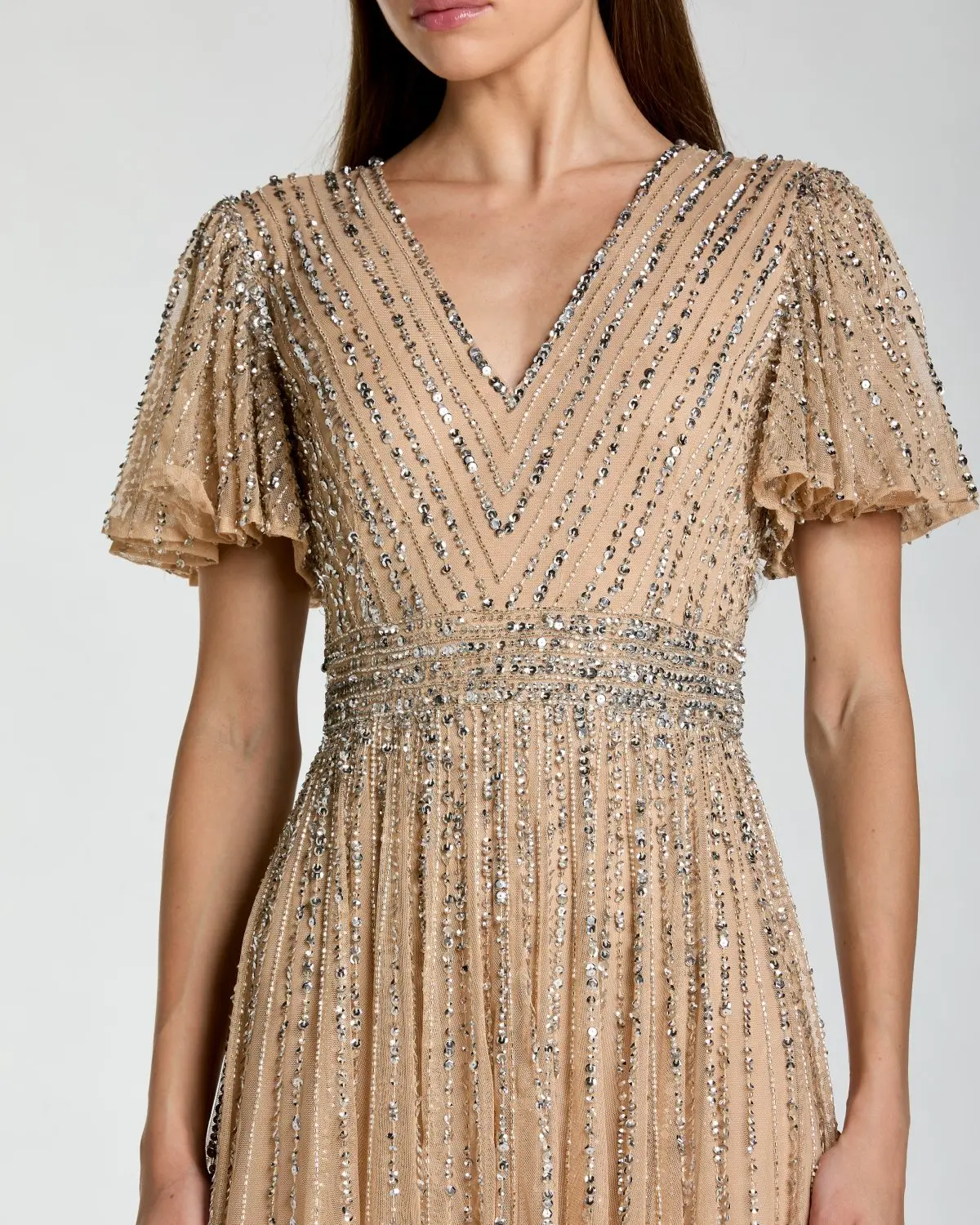 Beige Sequin V-Neck Flutter Sleeve Gown - Special Events Unlimited