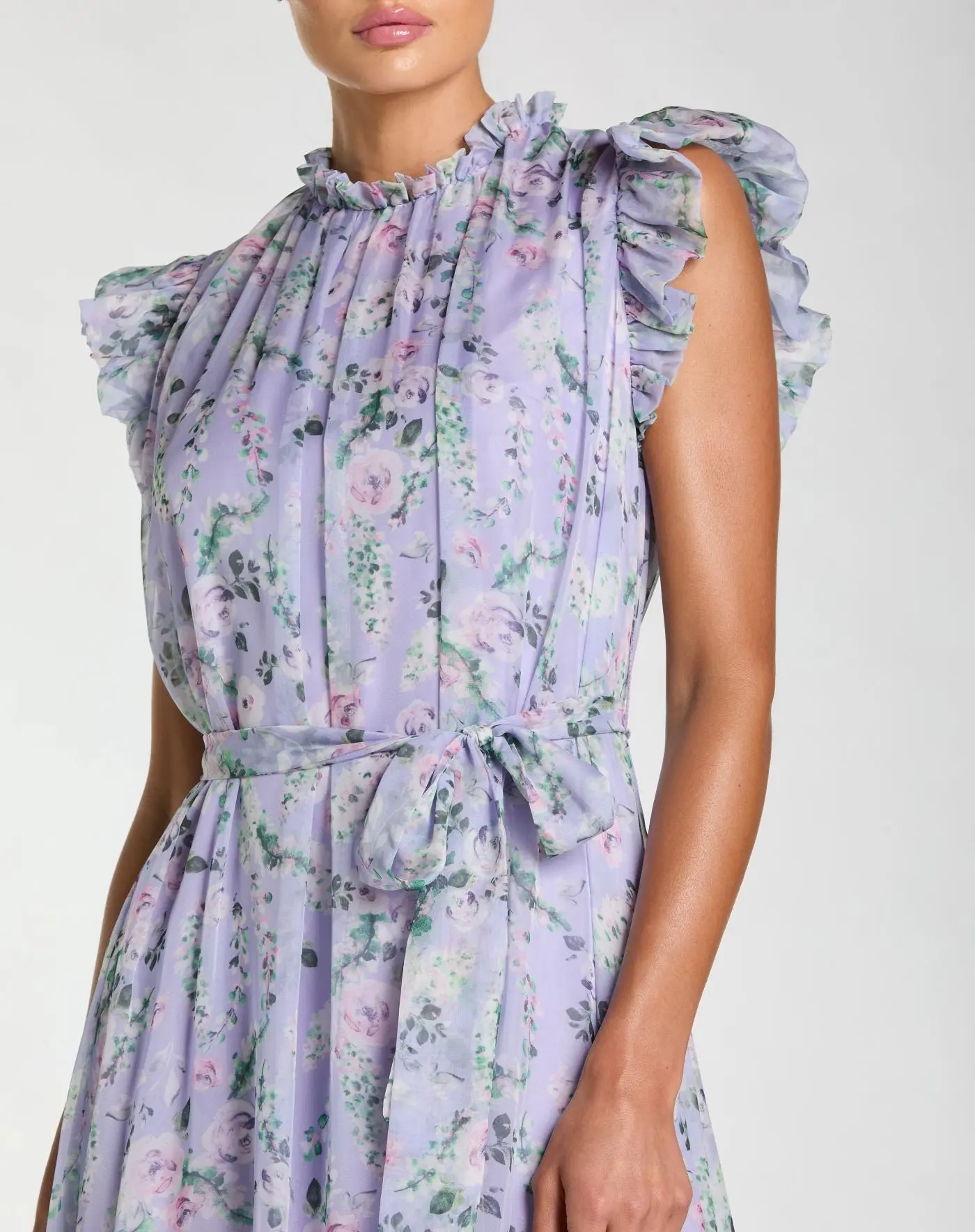 Light Purple Floral Chiffon Cap Sleeve Gown - Special Events Unlimited