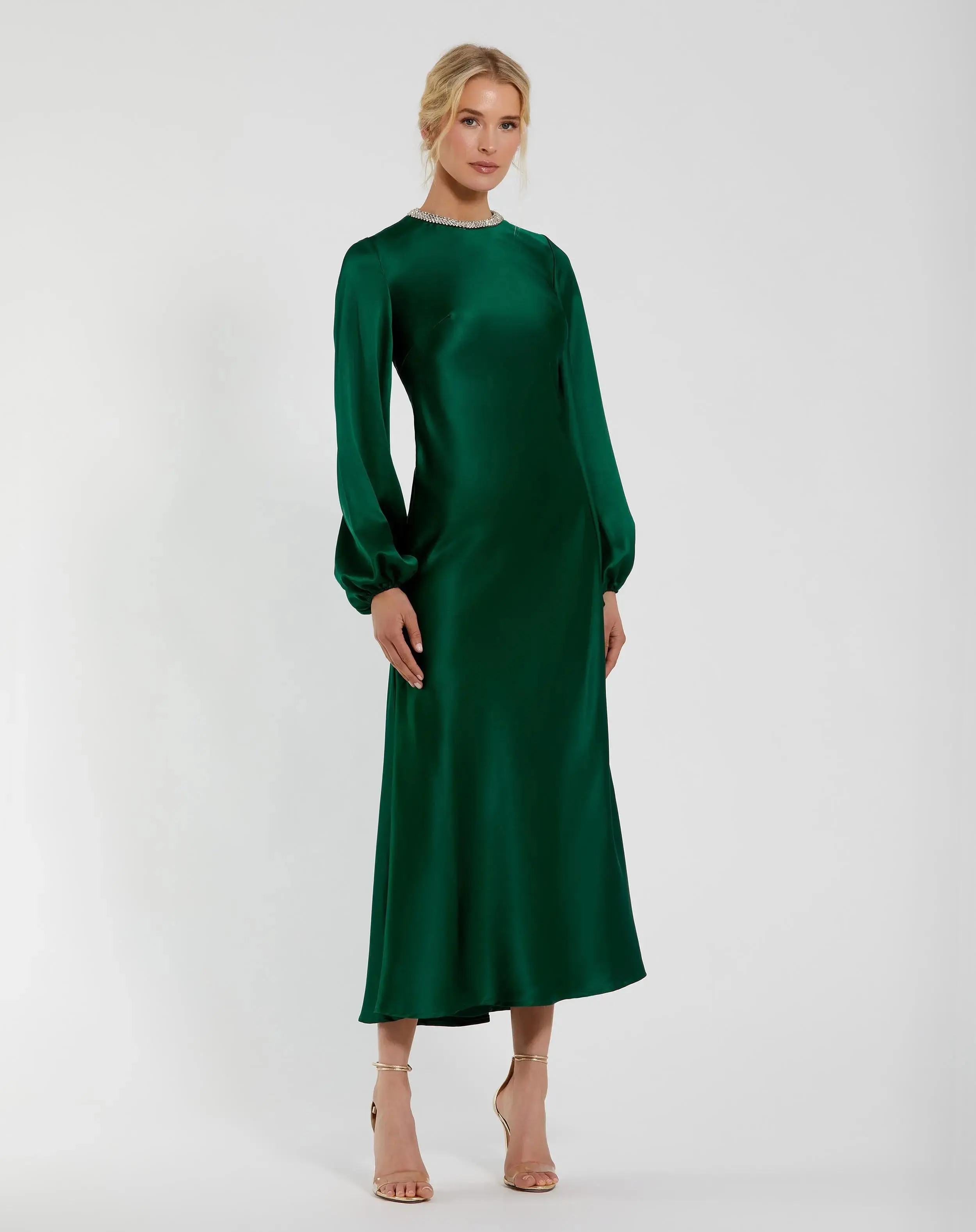Green High Neck Long Sleeve Crystal Detail Dress - Special Events Unlimited