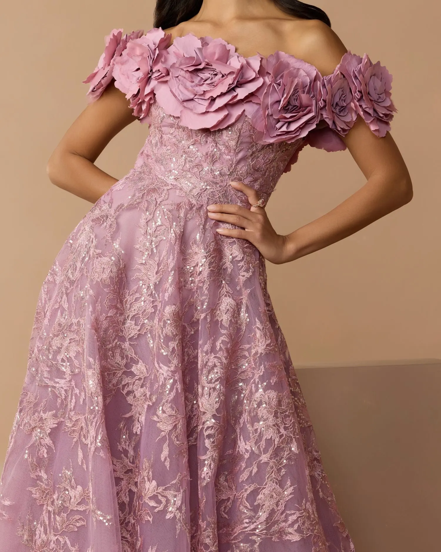 Purple Off The Shoulder 3D Floral Embroidered A-Line Gown - Special Events Unlimited
