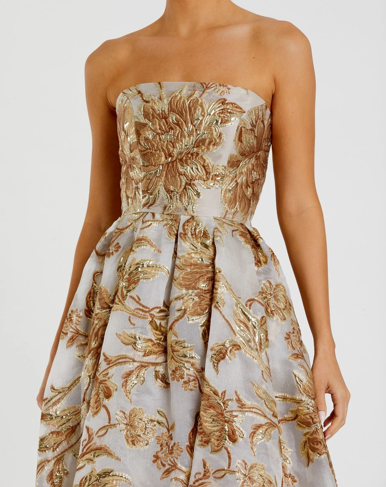 Petite Gold Strapless Brocade Midi Dress with Pockets - Special Events Unlimited
