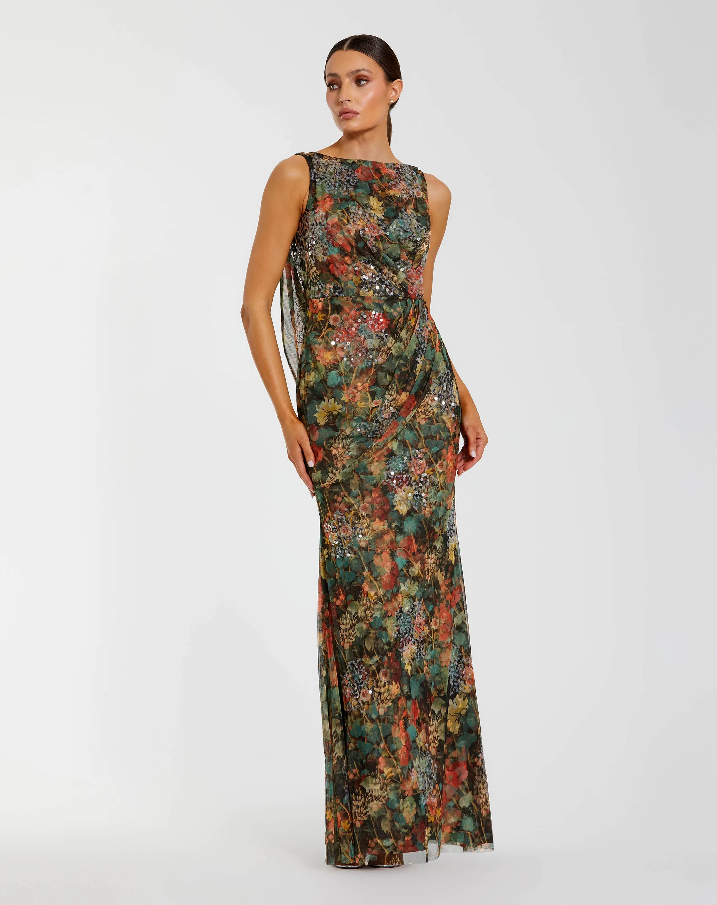 Multicolor Floral Embellished Column Gown - Special Events Unlimited
