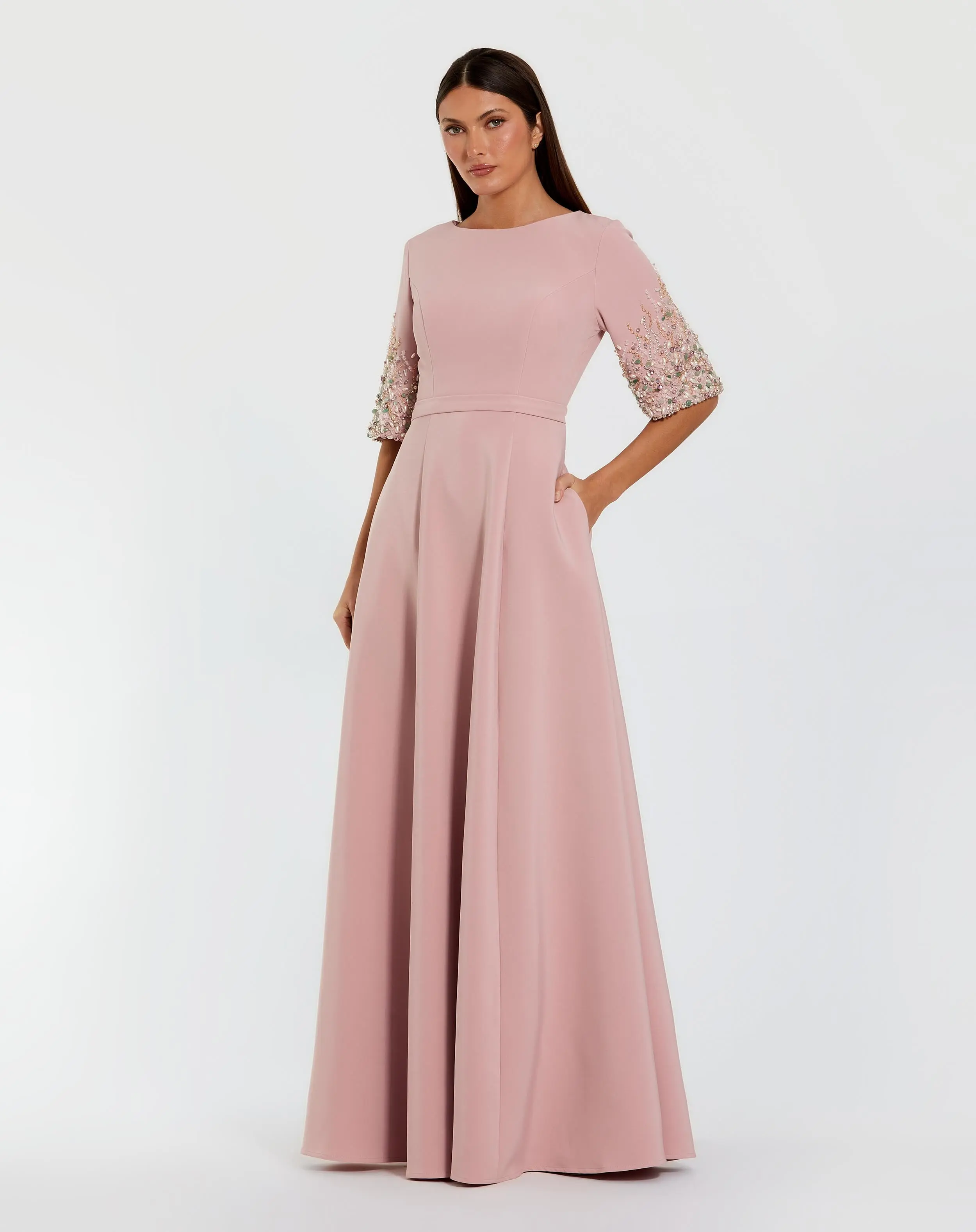 Pink Crepe Gown With Embellished 3/4 Sleeves - Special Events Unlimited