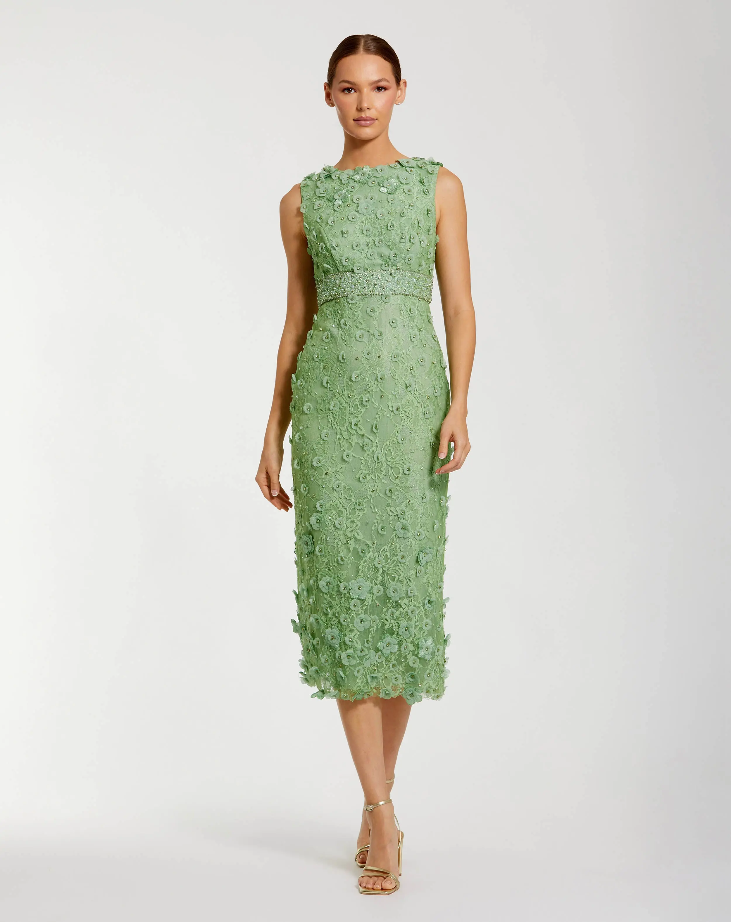 Green Floral Applique Sleeveless Midi Dress - Special Events Unlimited