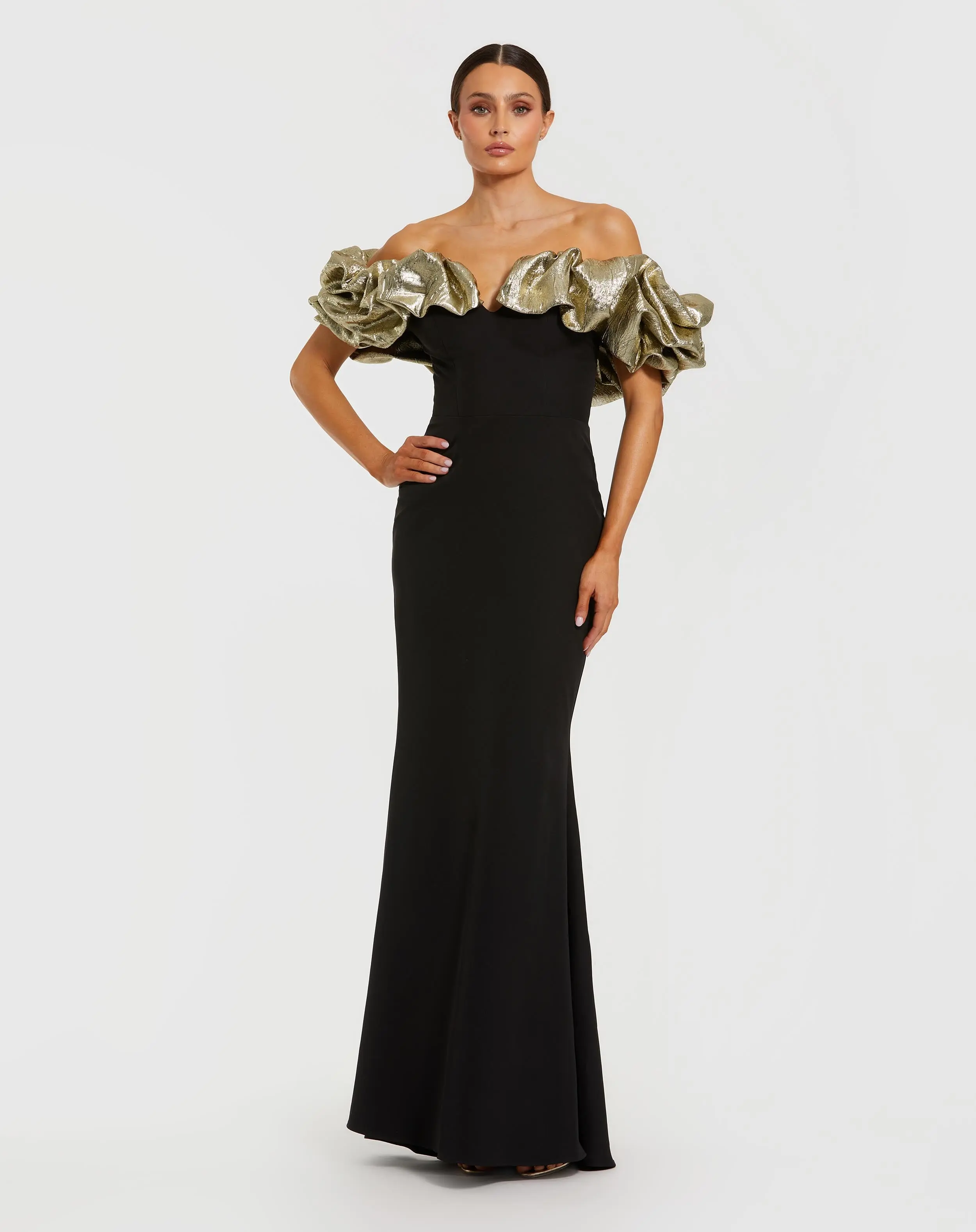 Black Mermaid Gown With Off The Shoulder Ruffle Detail - Special Events Unlimited