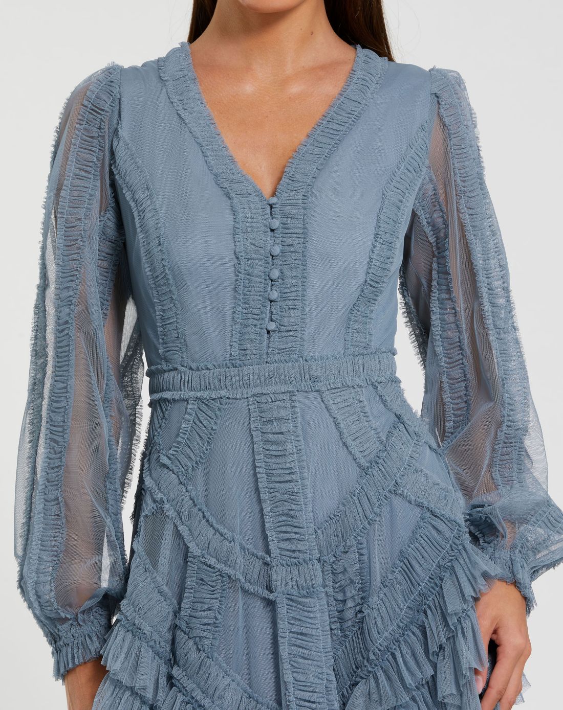 Petite Blue Long Sleeve V-Neck Micro Ruffle Midi Dress - Special Events Unlimited