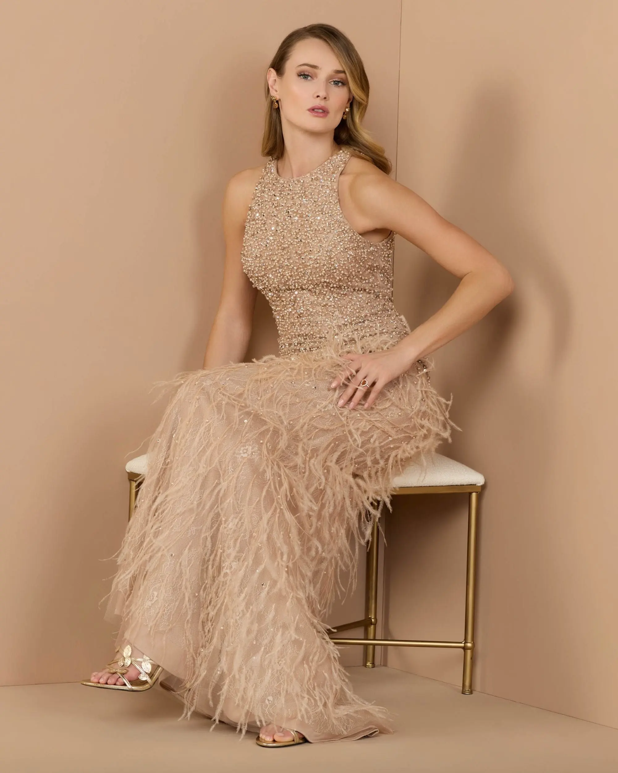 Beige Embellished Lace Sleeveless Feather Gown - Special Events Unlimited
