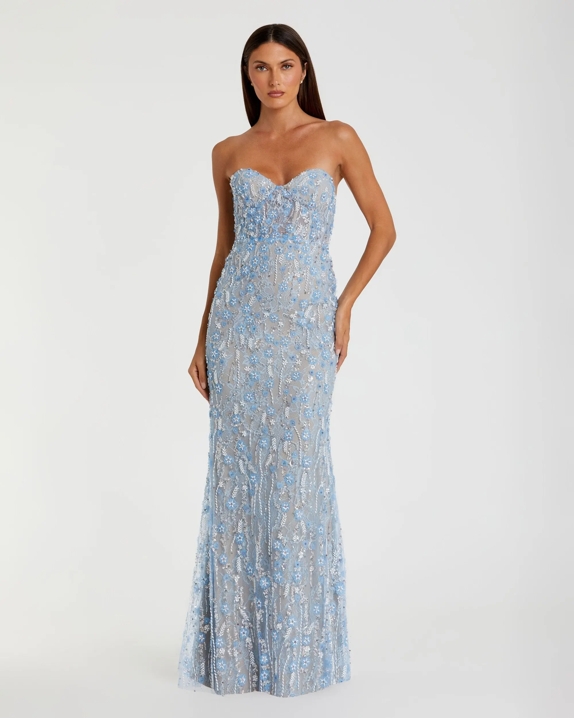 Blue Embellished Lace Strapless Bustier Gown - Special Events Unlimited
