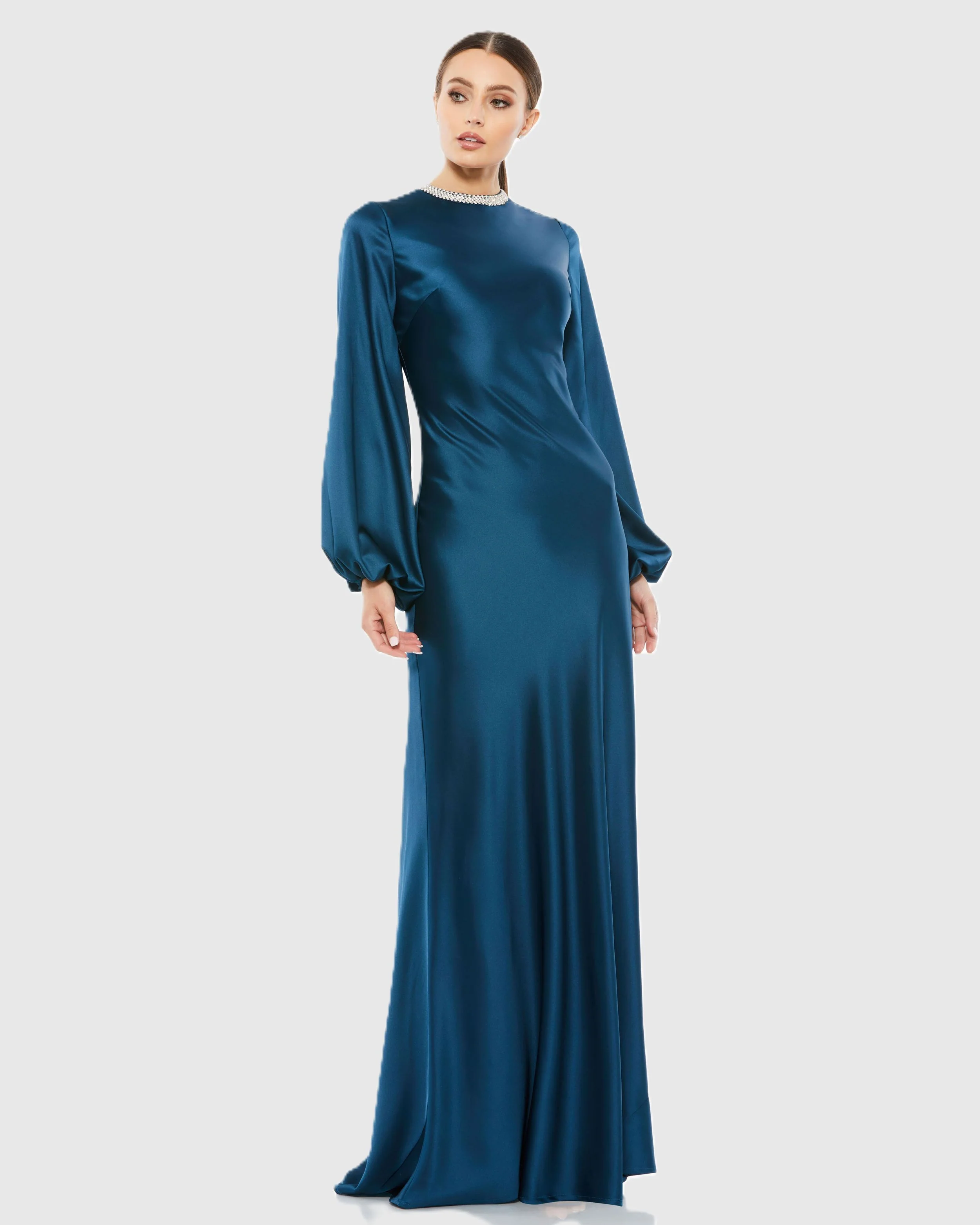 Petite Blue Beaded High Neck Bishop Sleeve Satin Gown - Special Events Unlimited