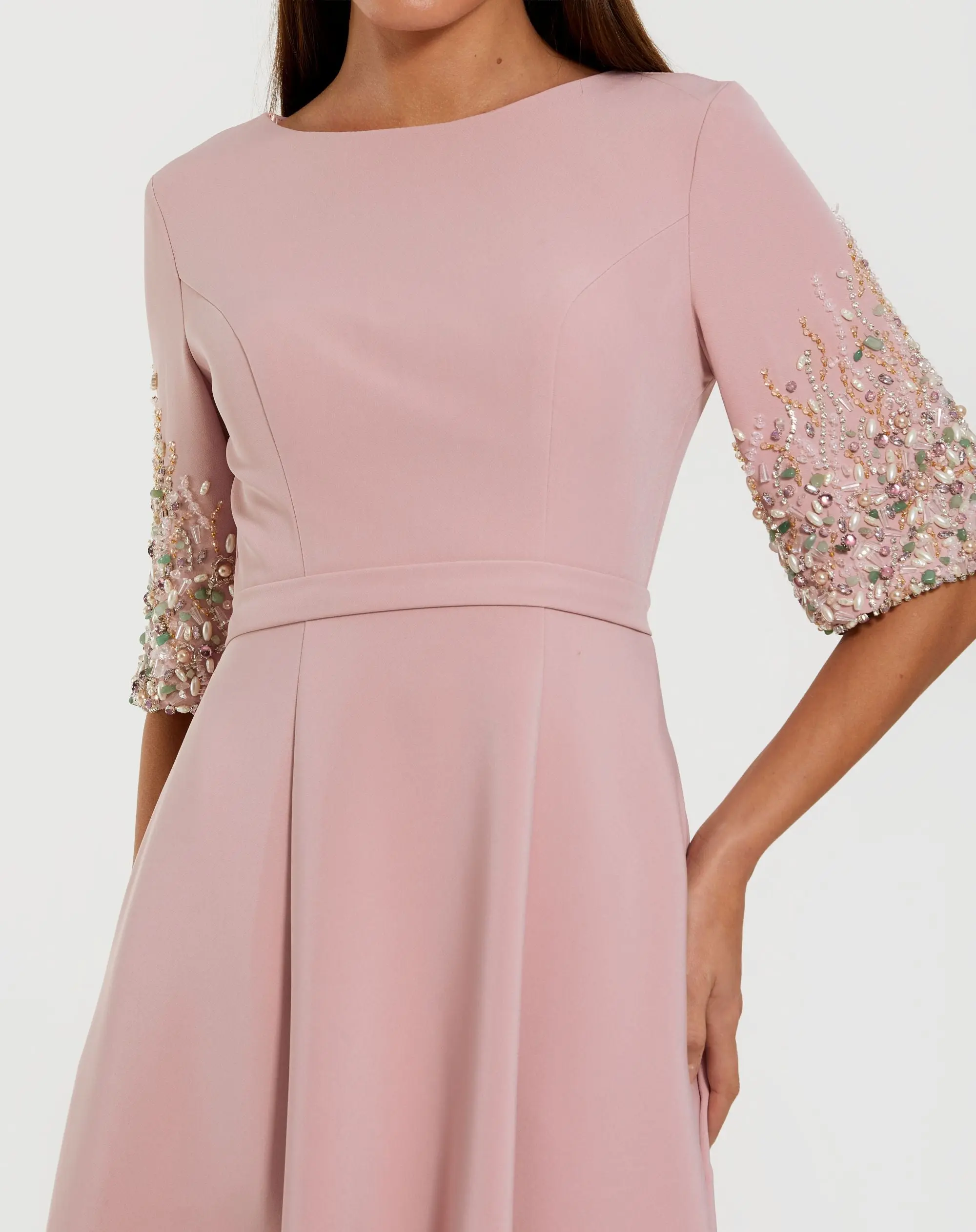 Pink Crepe Gown With Embellished 3/4 Sleeves - Special Events Unlimited