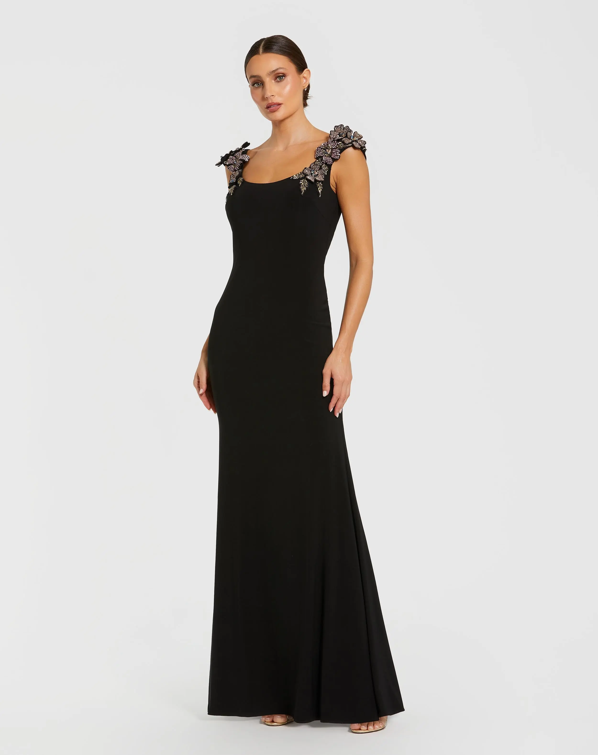 Black Jersey Scoop Neck Gown with 3D Flower Details - Special Events Unlimited