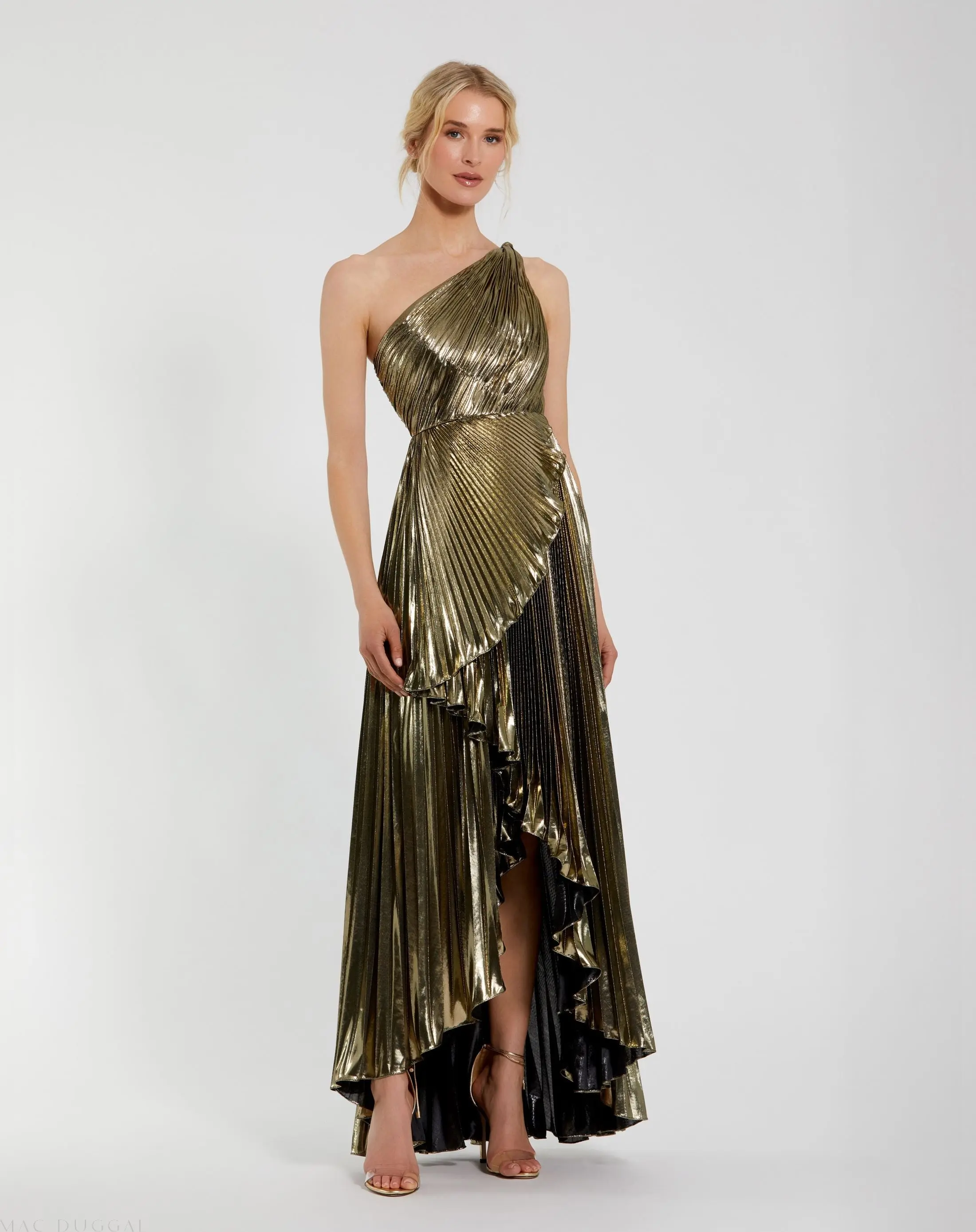 Gold Metallic Pleated One Shoulder Gown - Special Events Unlimited