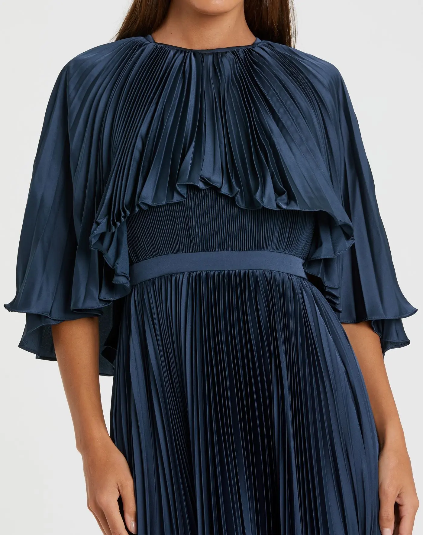 Navy Pleated Caplet Tea-length Dress - Special Events Unlimited