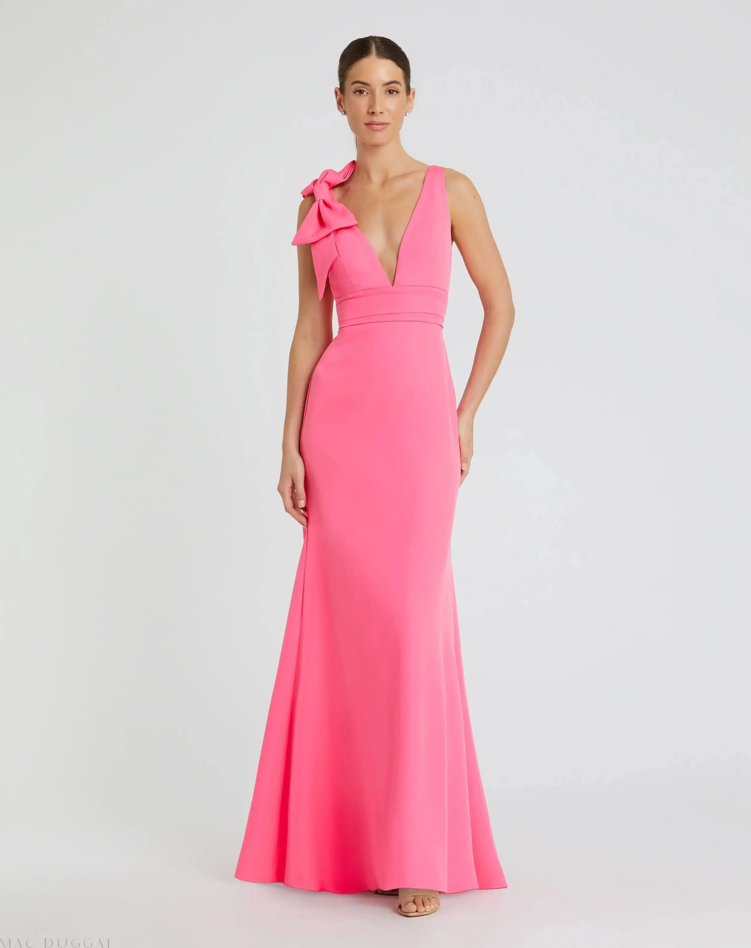 Pink Sleeveless V Neck Bow Detail Mermaid Gown - Special Events Unlimited