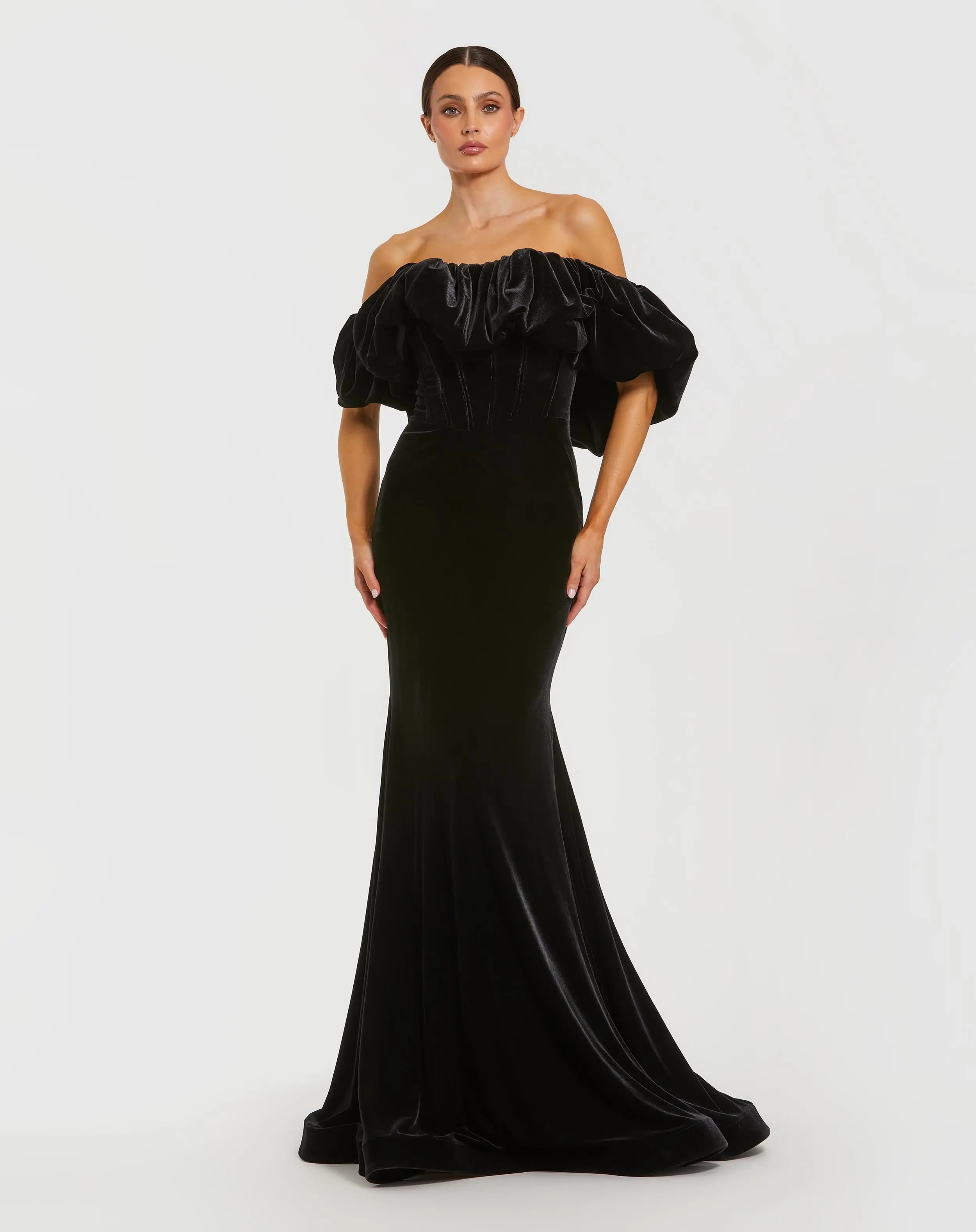 Black Off The Shoulder Velvet Bustier Mermaid Gown - Special Events Unlimited