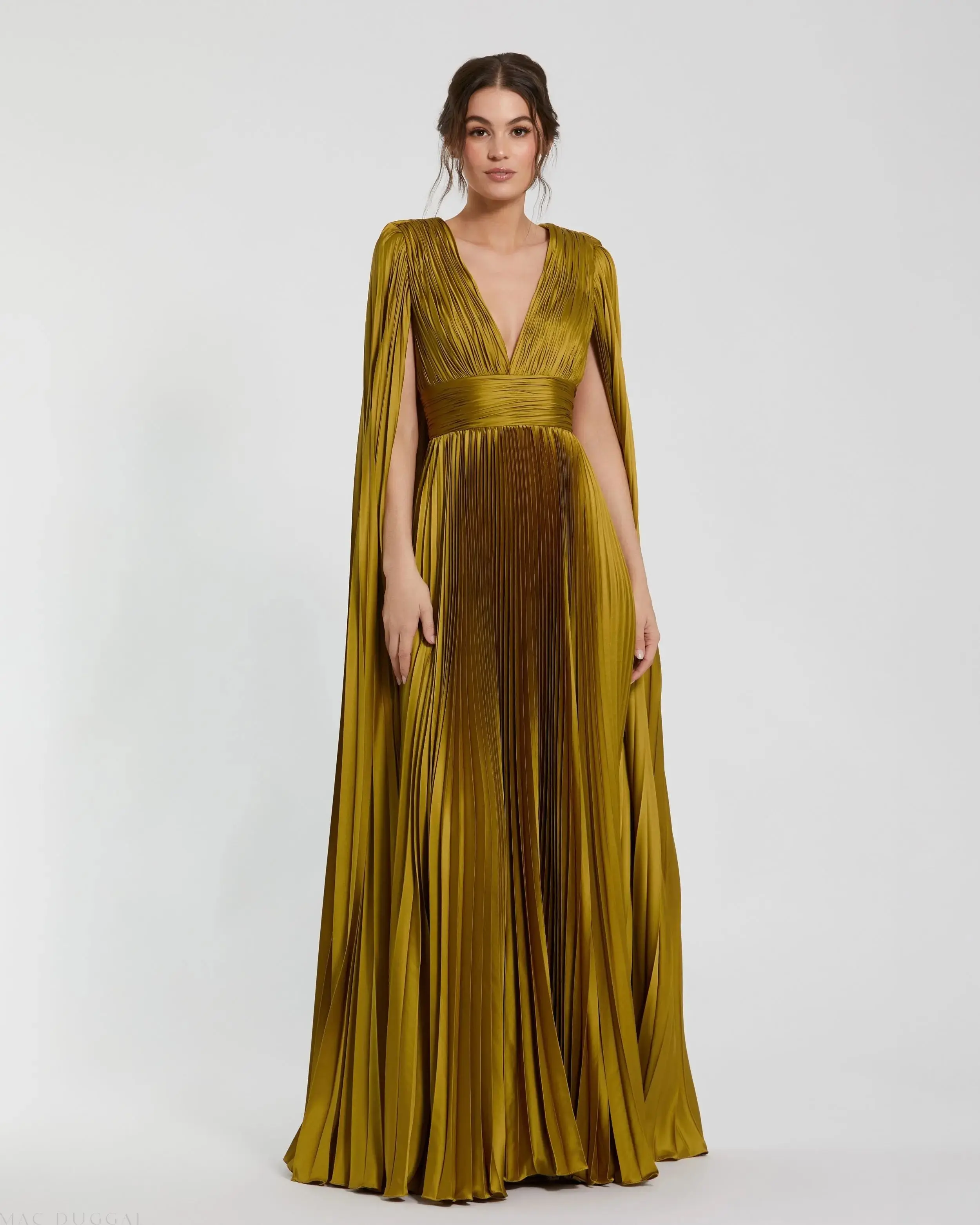Green Pleated Charmeuse V Neck Gown With Cape - Special Events Unlimited