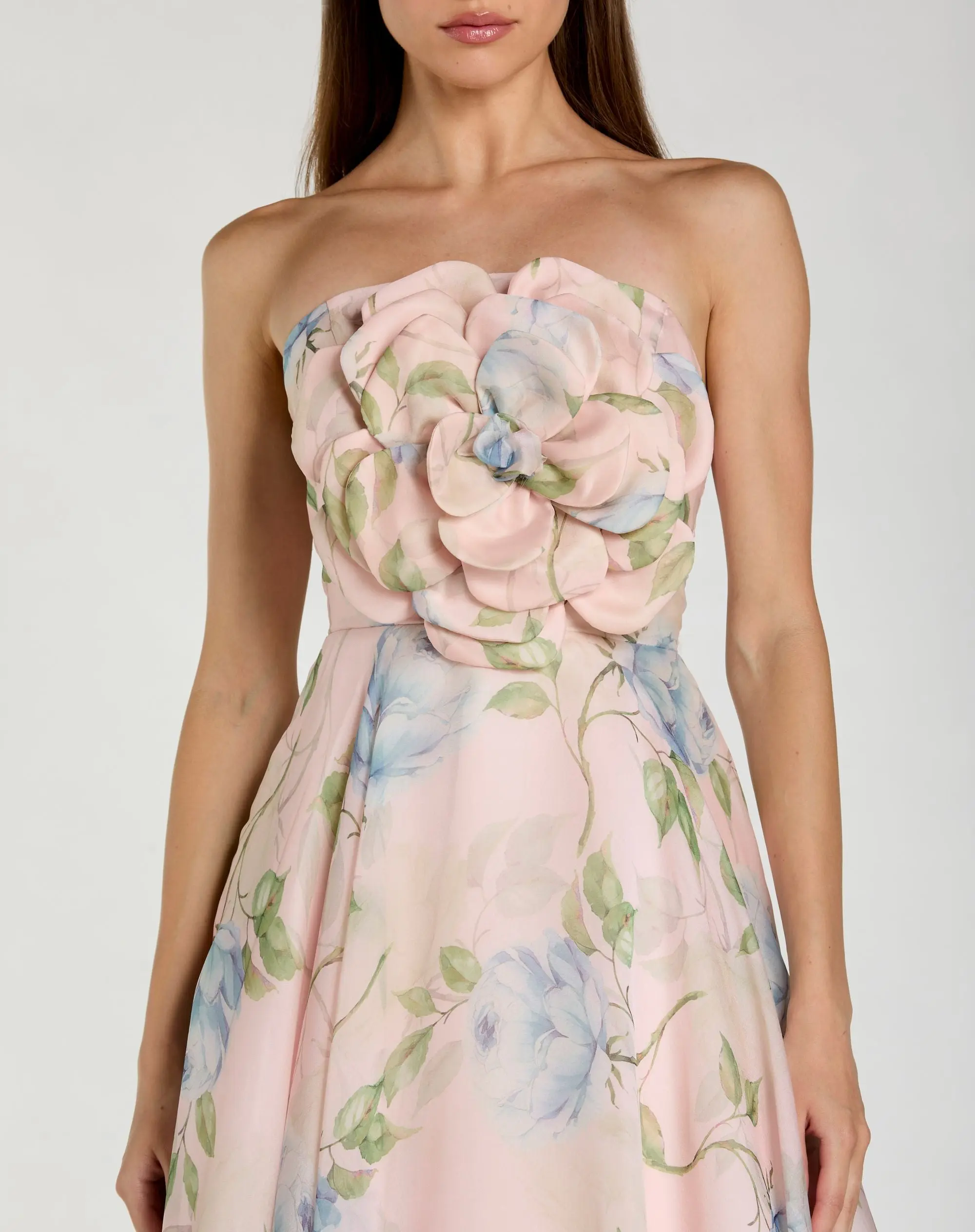 Pink Strapless Floral Organza Midi Dress With Flower - Special Events Unlimited