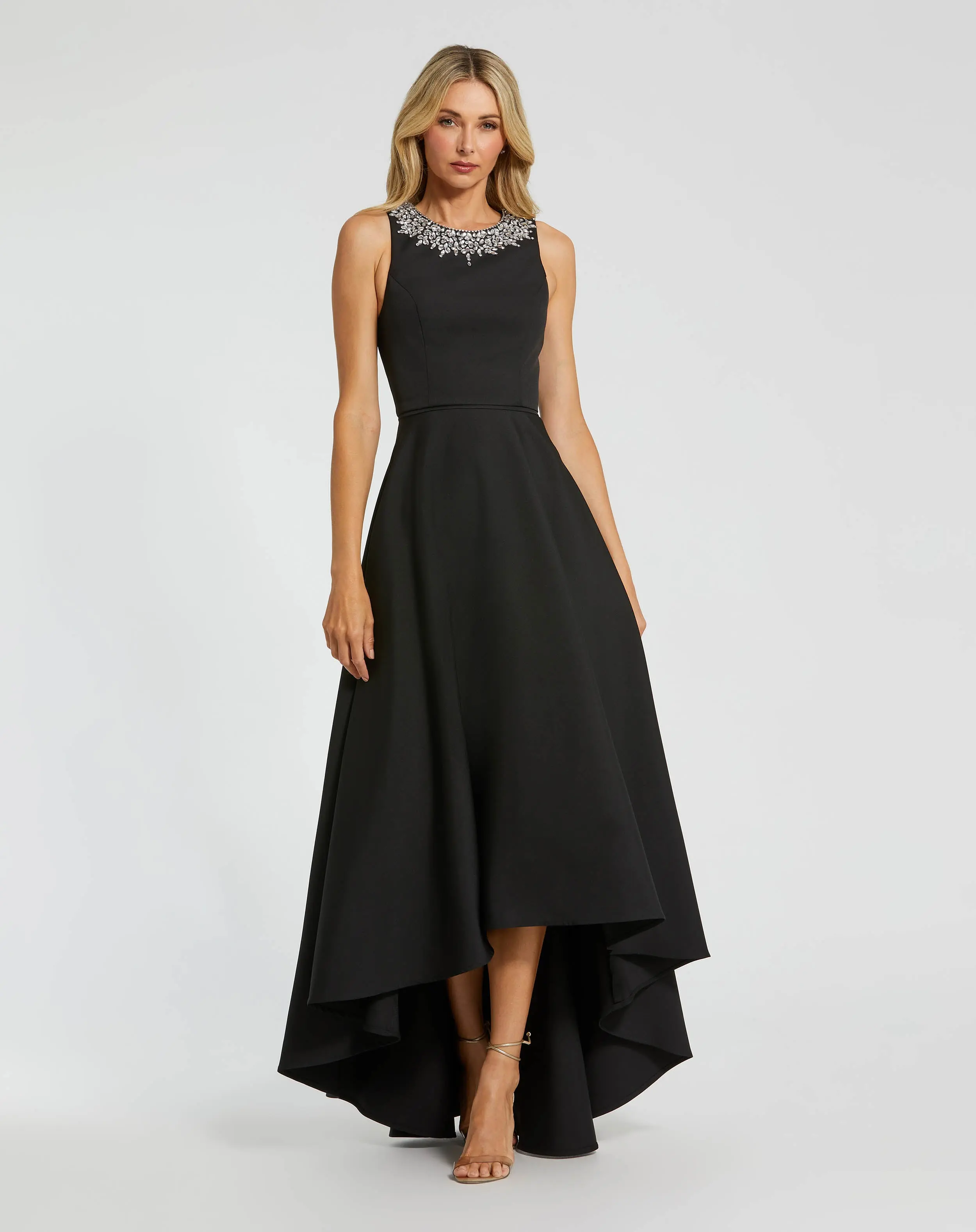 Black Crepe Embellished Neck High Low Gown - Special Events Unlimited