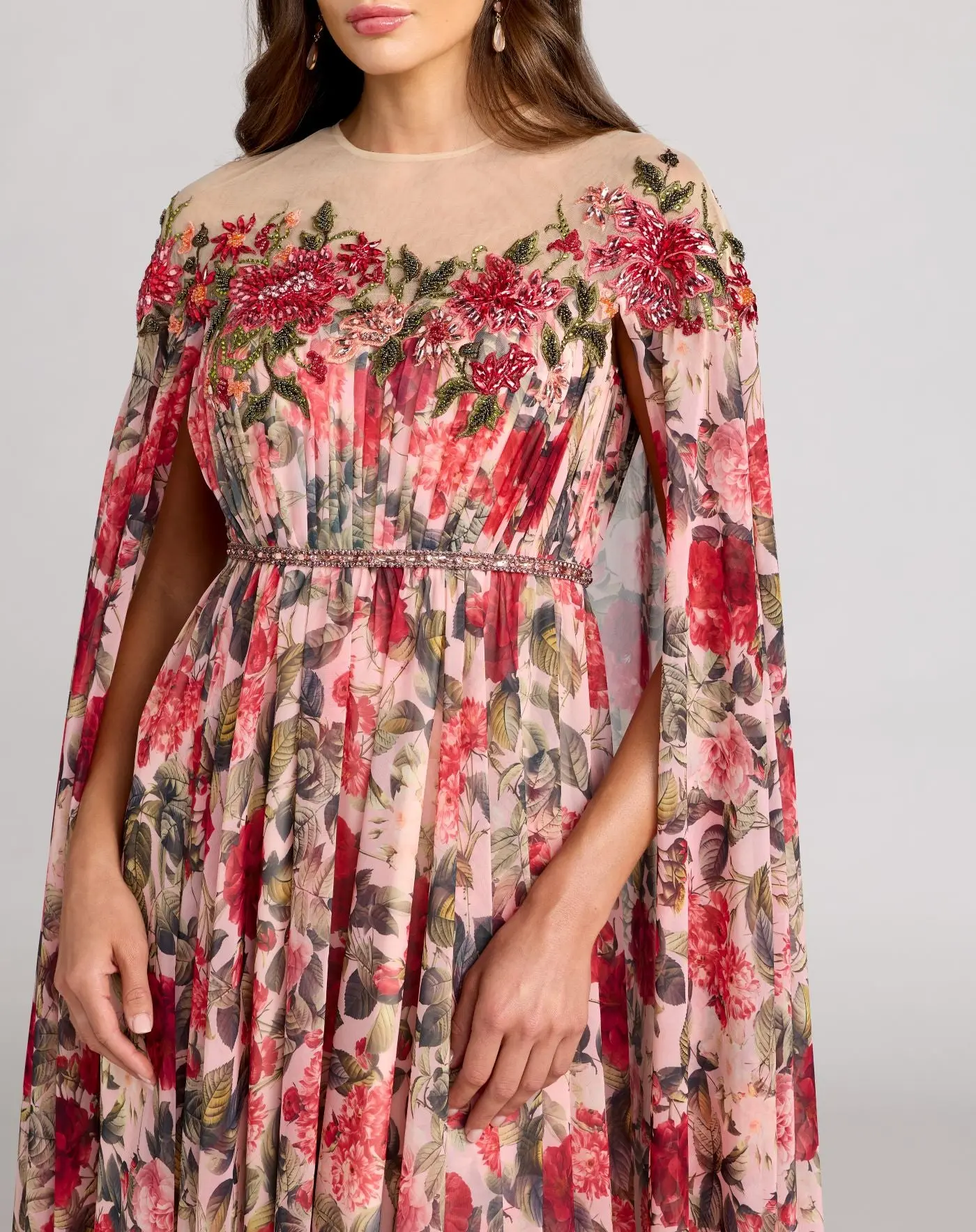 Multicolor Floral Printed Chiffon High Neck Cape Gown - Special Events Unlimited