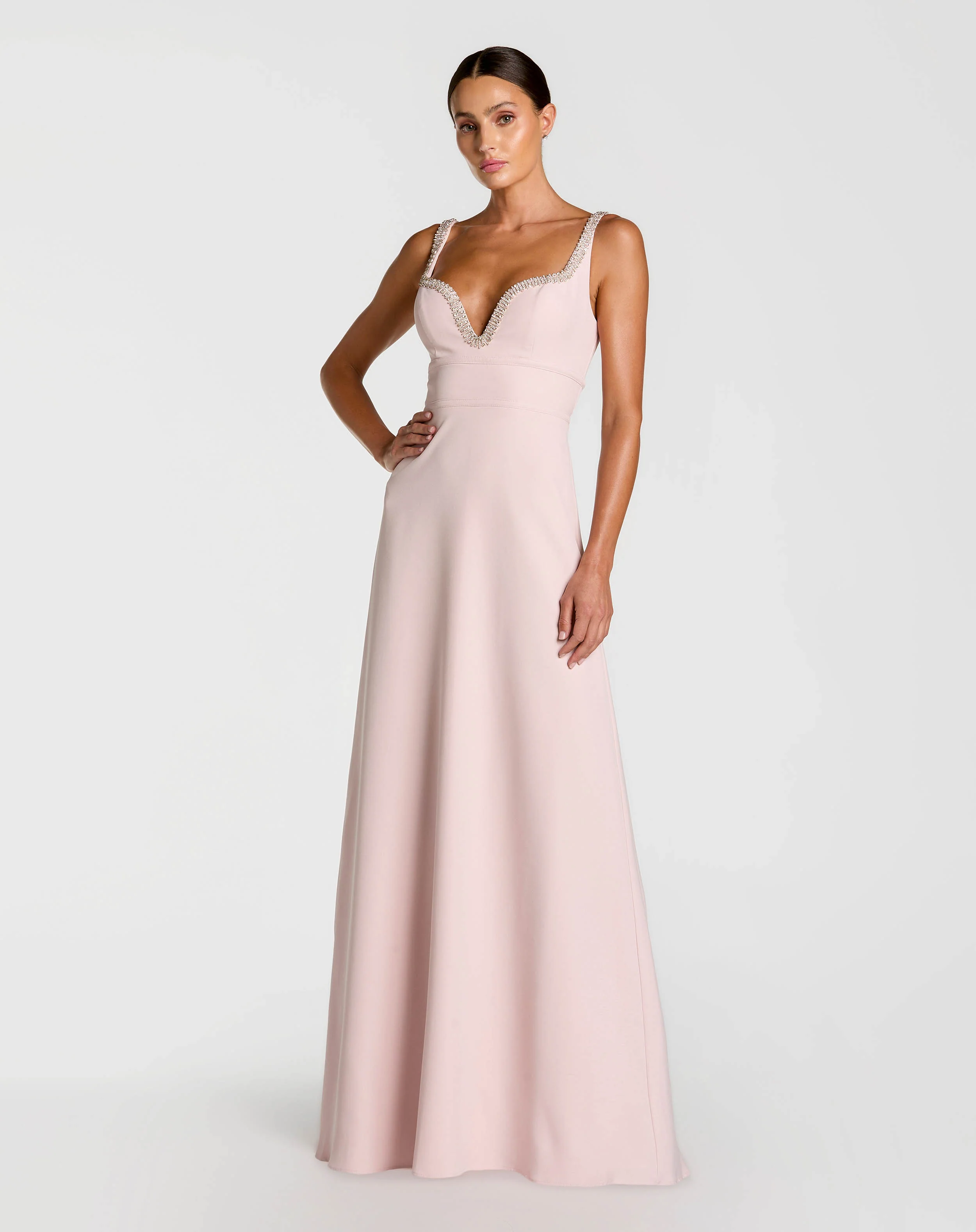 Petite Light Pink Crepe A-Line Gown With Rhinestone Trim - Special Events Unlimited