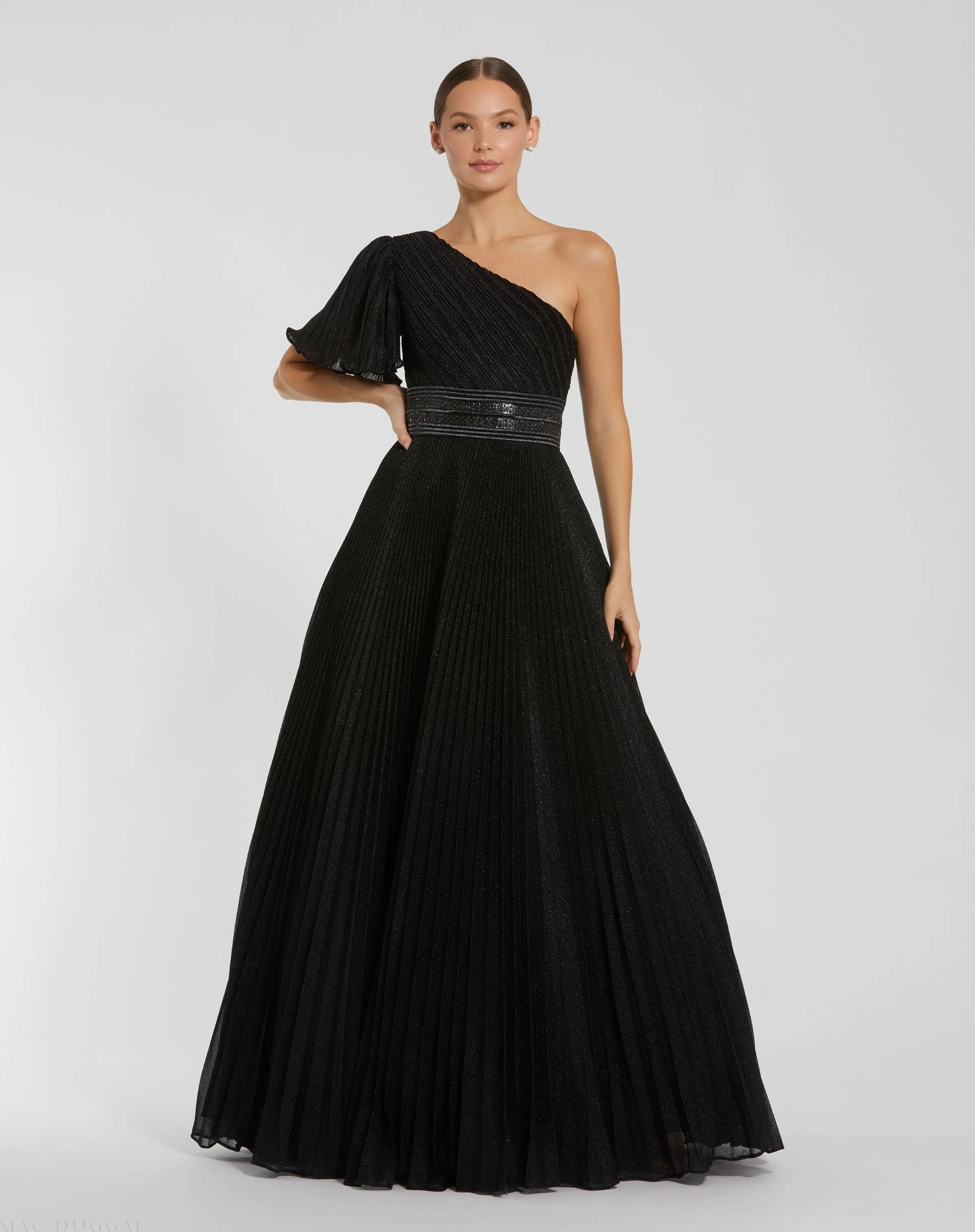 Black Pleated Shimmering One Shoulder Gown - Special Events Unlimited