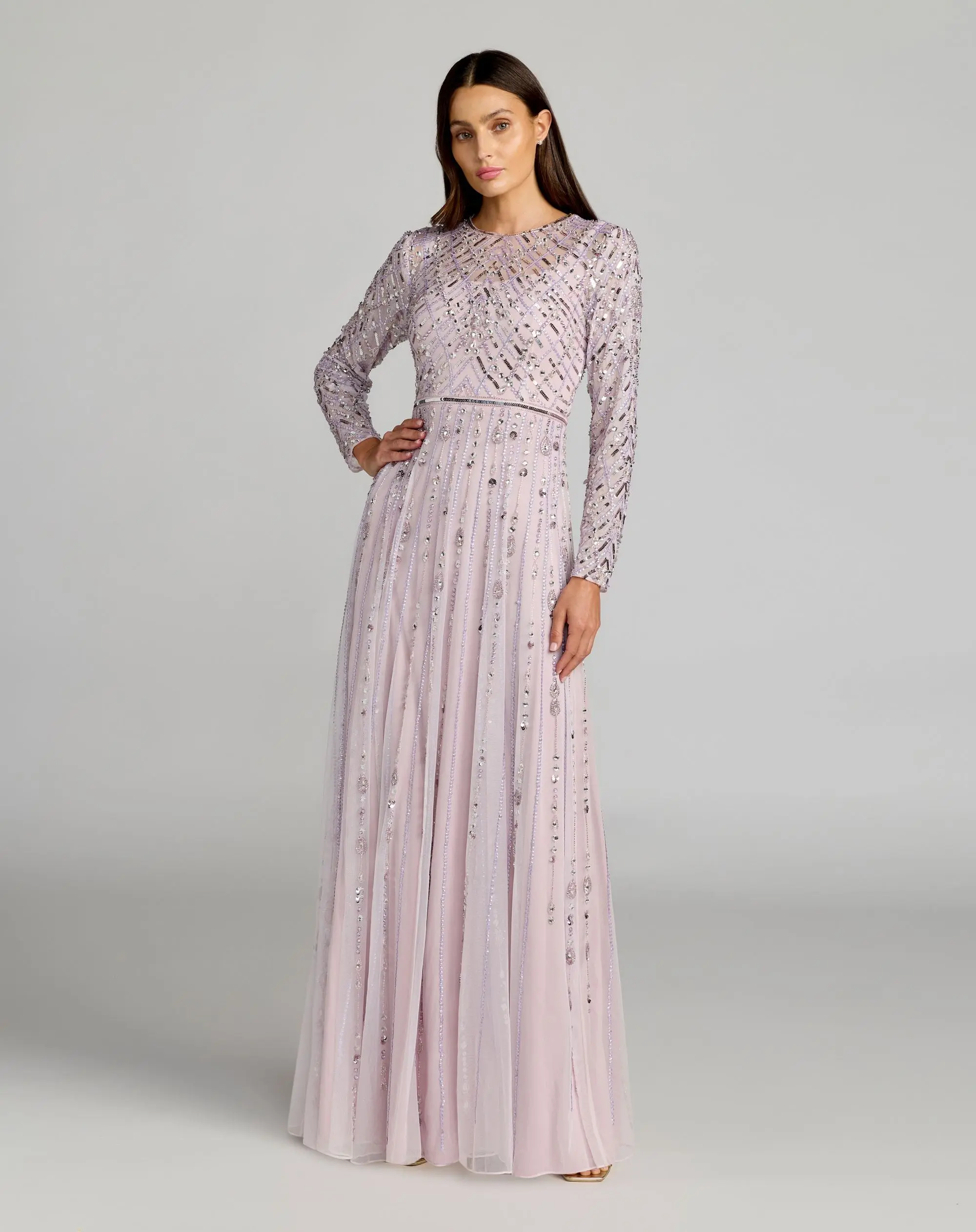 Purple Embellished Long Sleeve Evening Gown - Special Events Unlimited