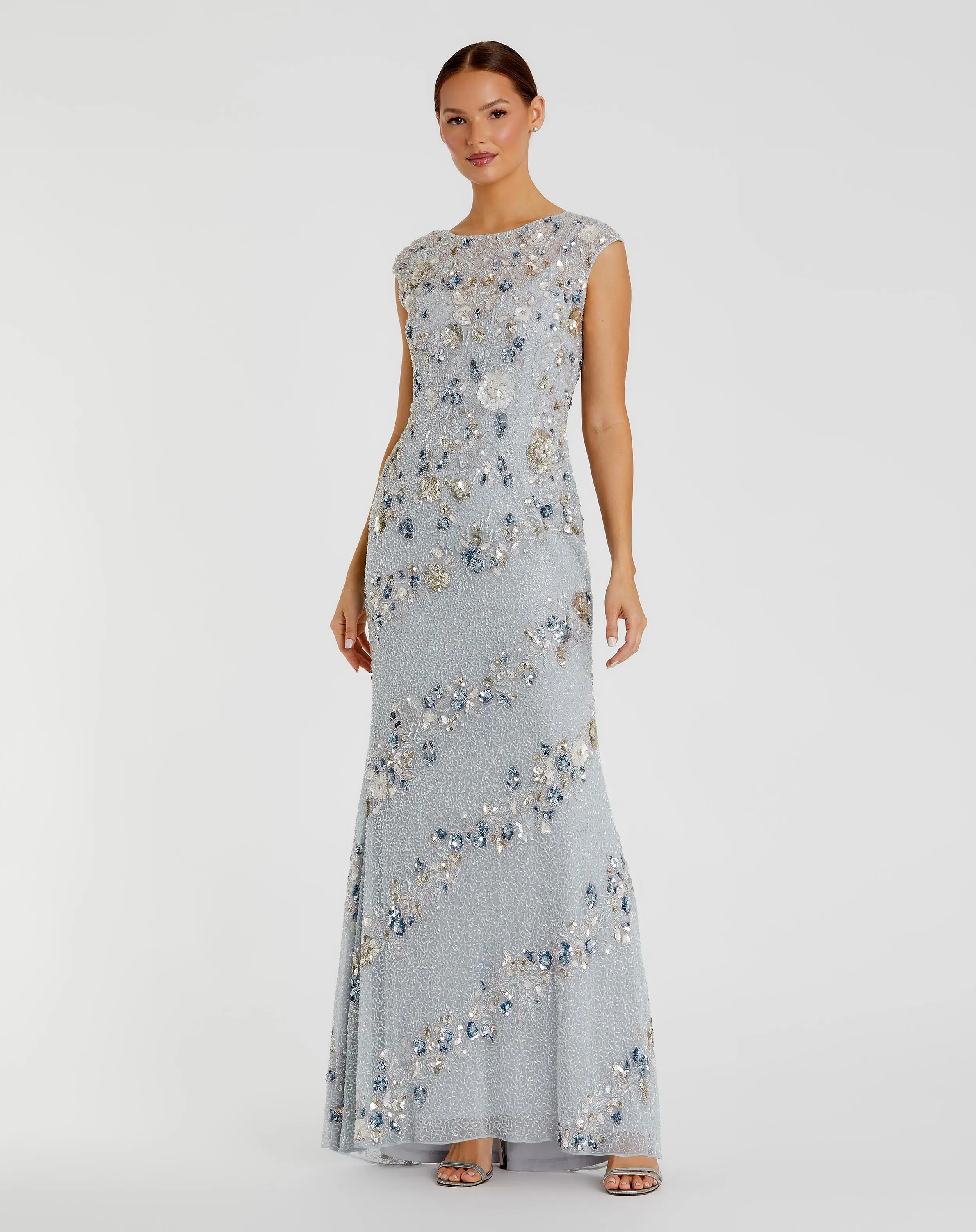 Light Blue Floral Embellished Cap Sleeve Column Gown - Special Events Unlimited