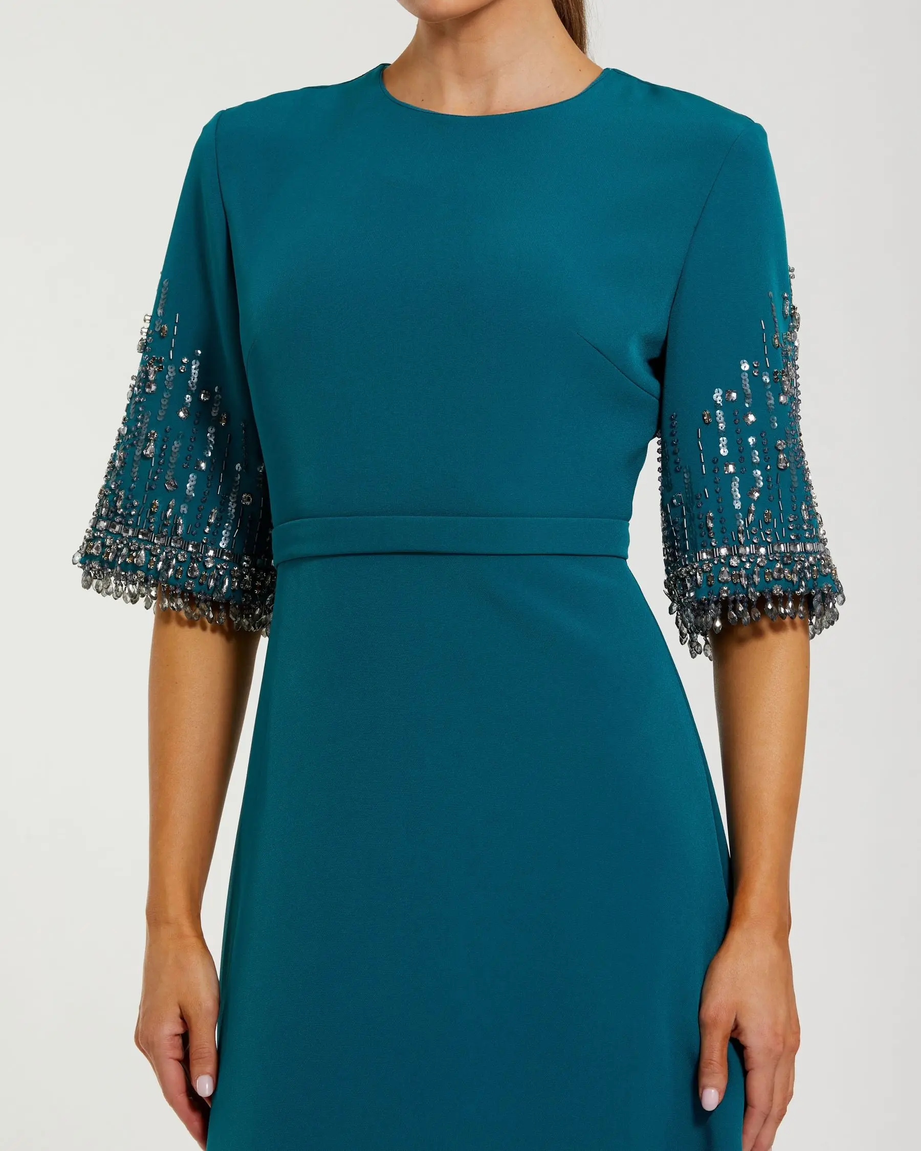 Blue Crepe A Line Gown with Beaded 3/4 Sleeves - Special Events Unlimited