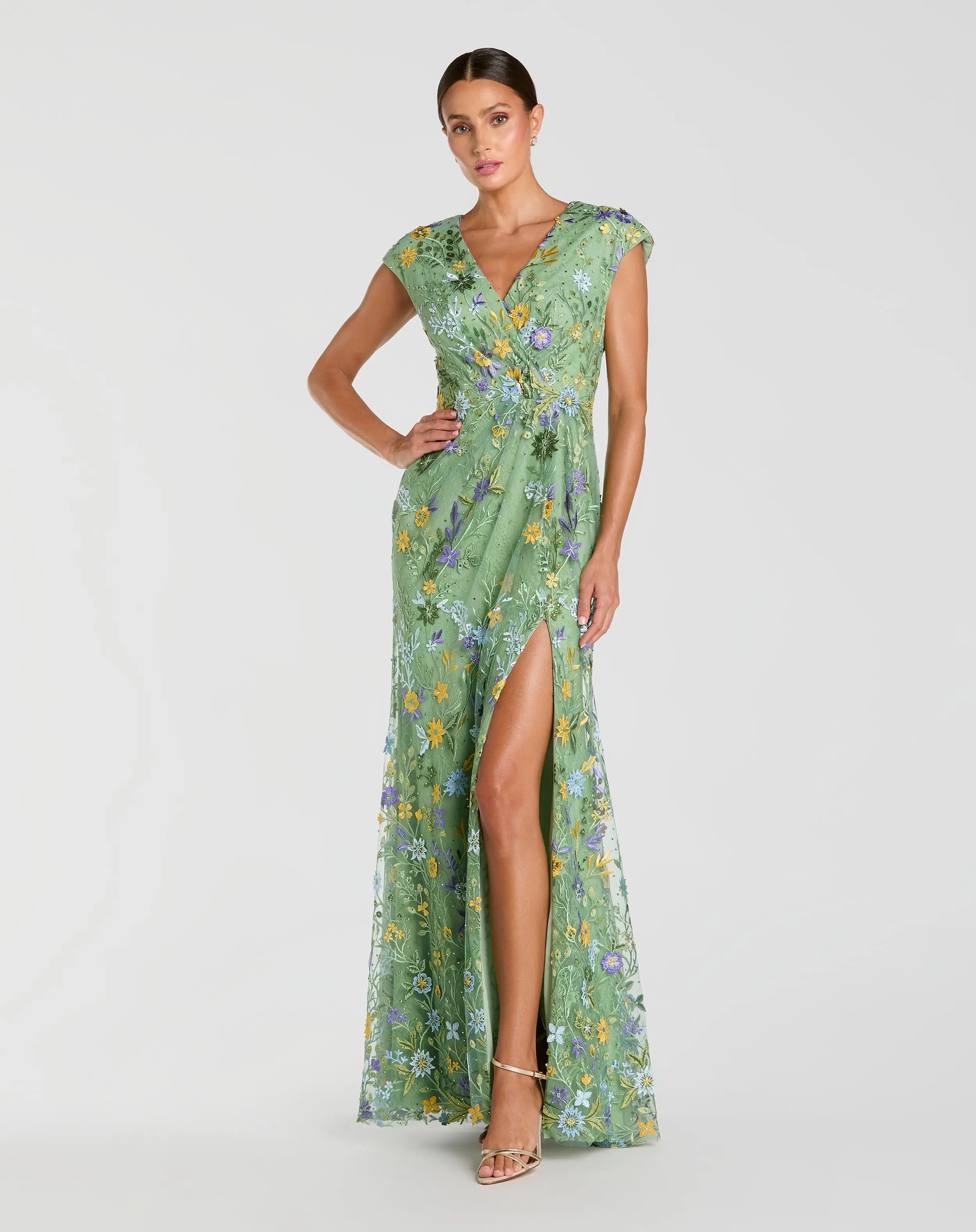 Green Faux Wrap Embroidered Cap Sleeve Gown - Special Events Unlimited
